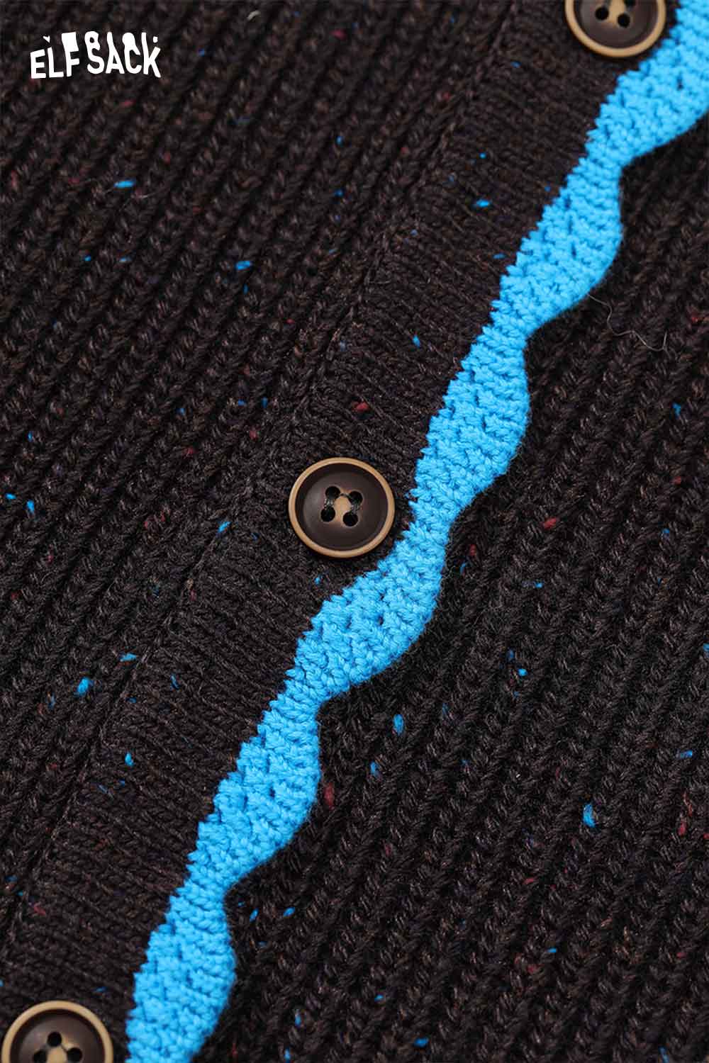 Close-up of ELFSACK preppy knit cardigan for women featuring textured fabric and blue wavy trim