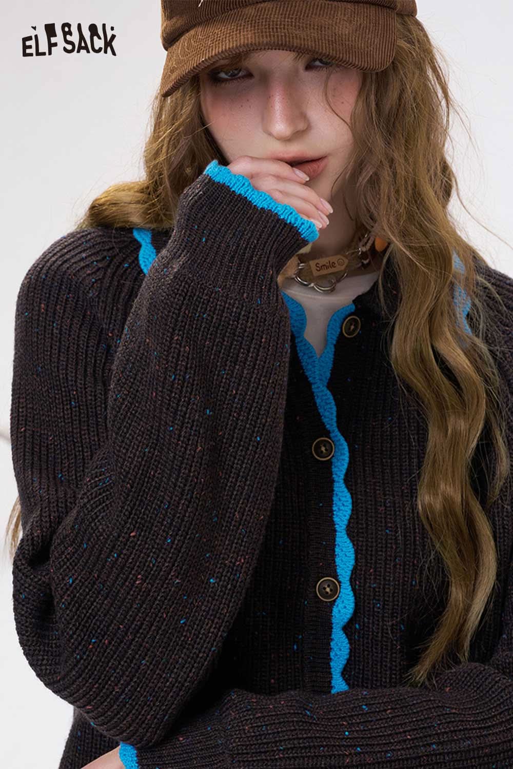 ELFSACK preppy knit cardigan for women in dark brown with blue trim and buttons