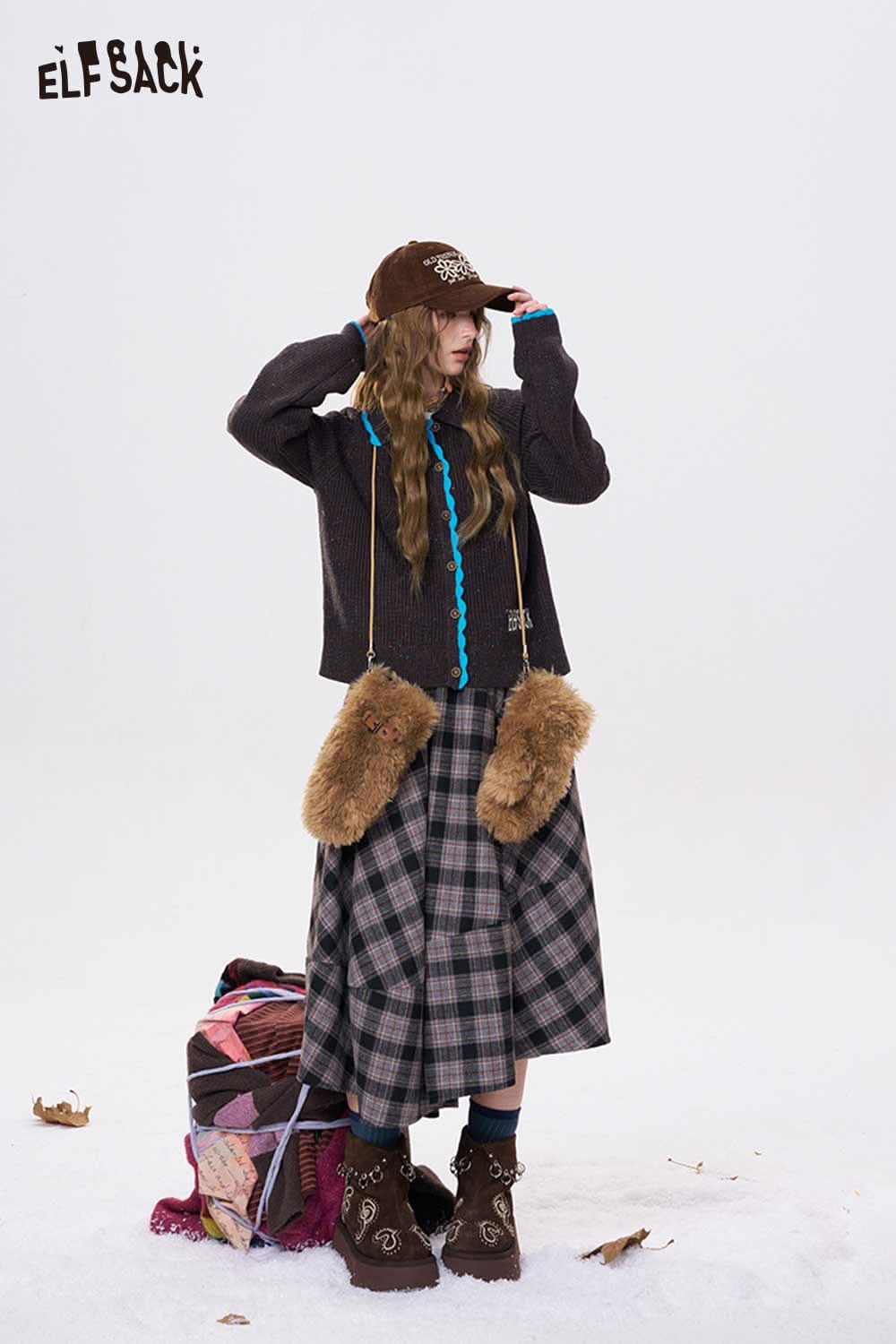 ELFSACK preppy knit cardigan for women styled with a plaid skirt and a cozy cap