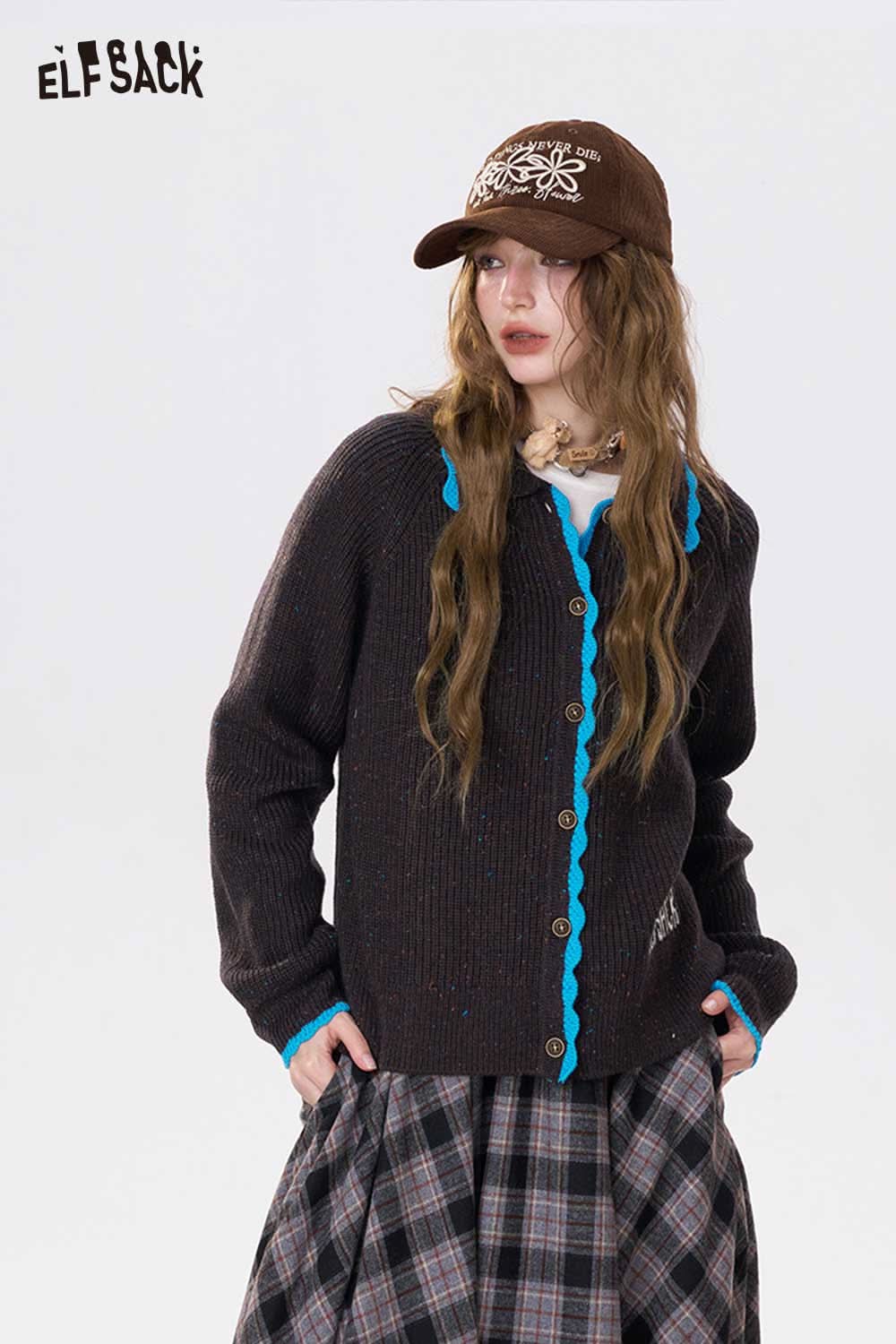 ELFSACK preppy knit cardigan for women with contrast edging and stylish button design