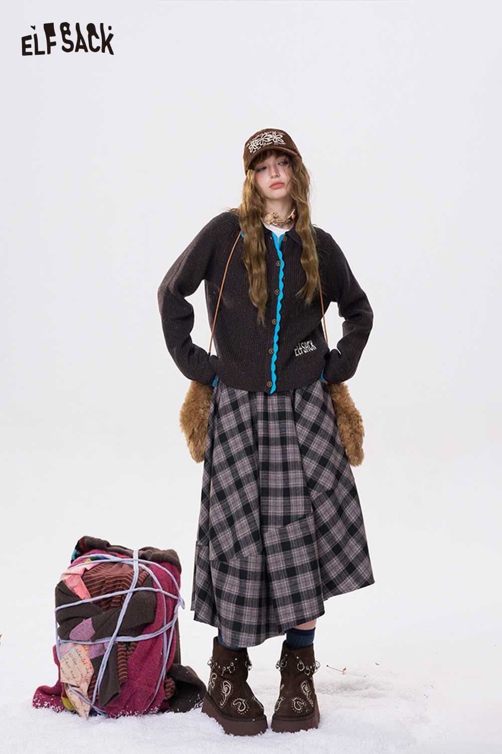 ELFSACK preppy knit cardigan for women paired with a plaid skirt and stylish accessories
