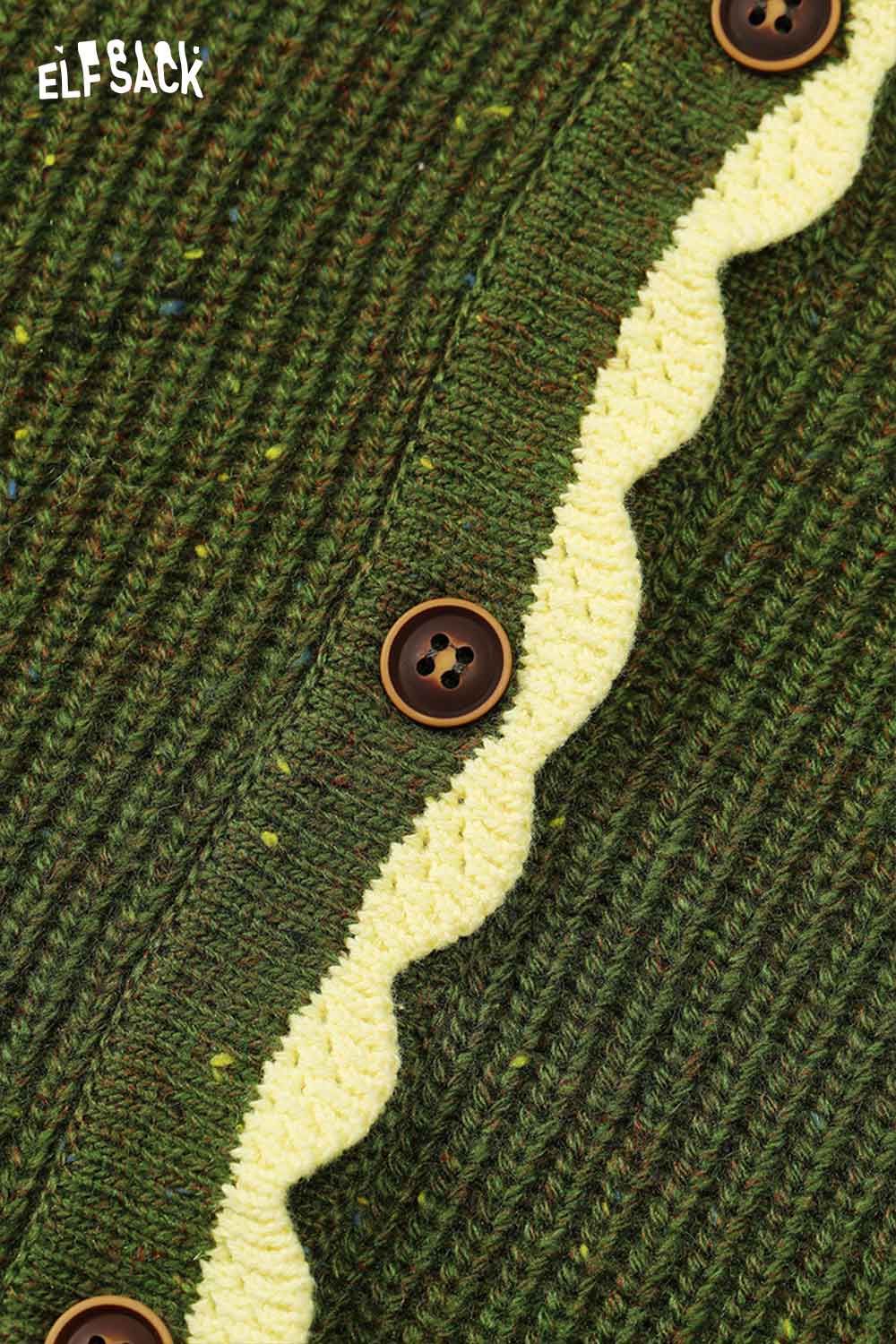 ELFSACK preppy knit cardigan for women in green with yellow scalloped detailing and brown buttons