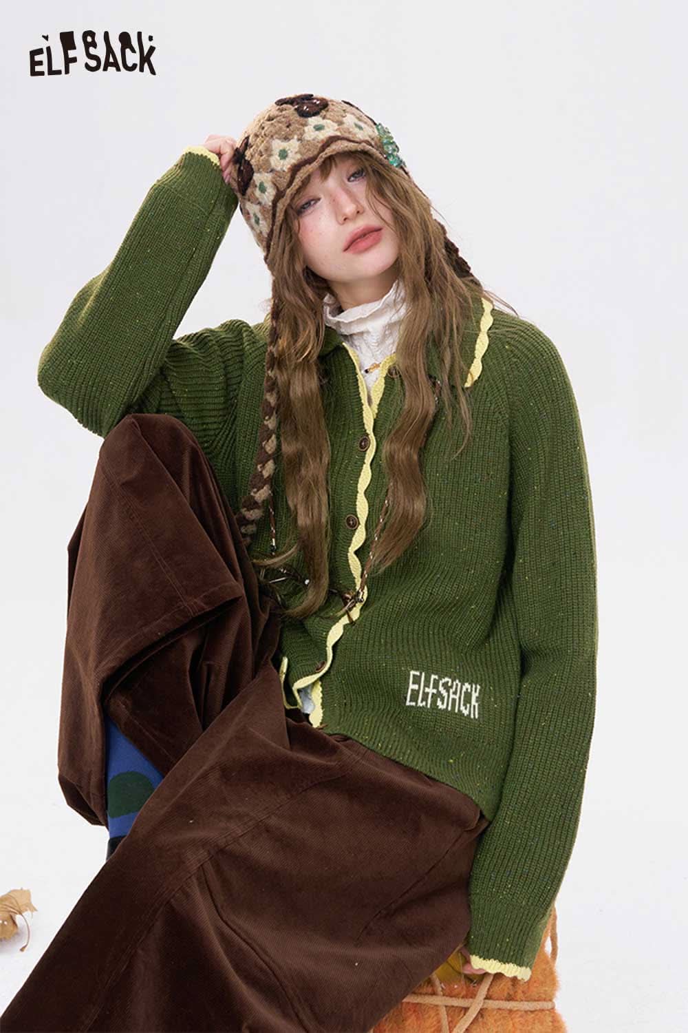 ELFSACK green preppy knit cardigan for women with a stylish design and layered look
