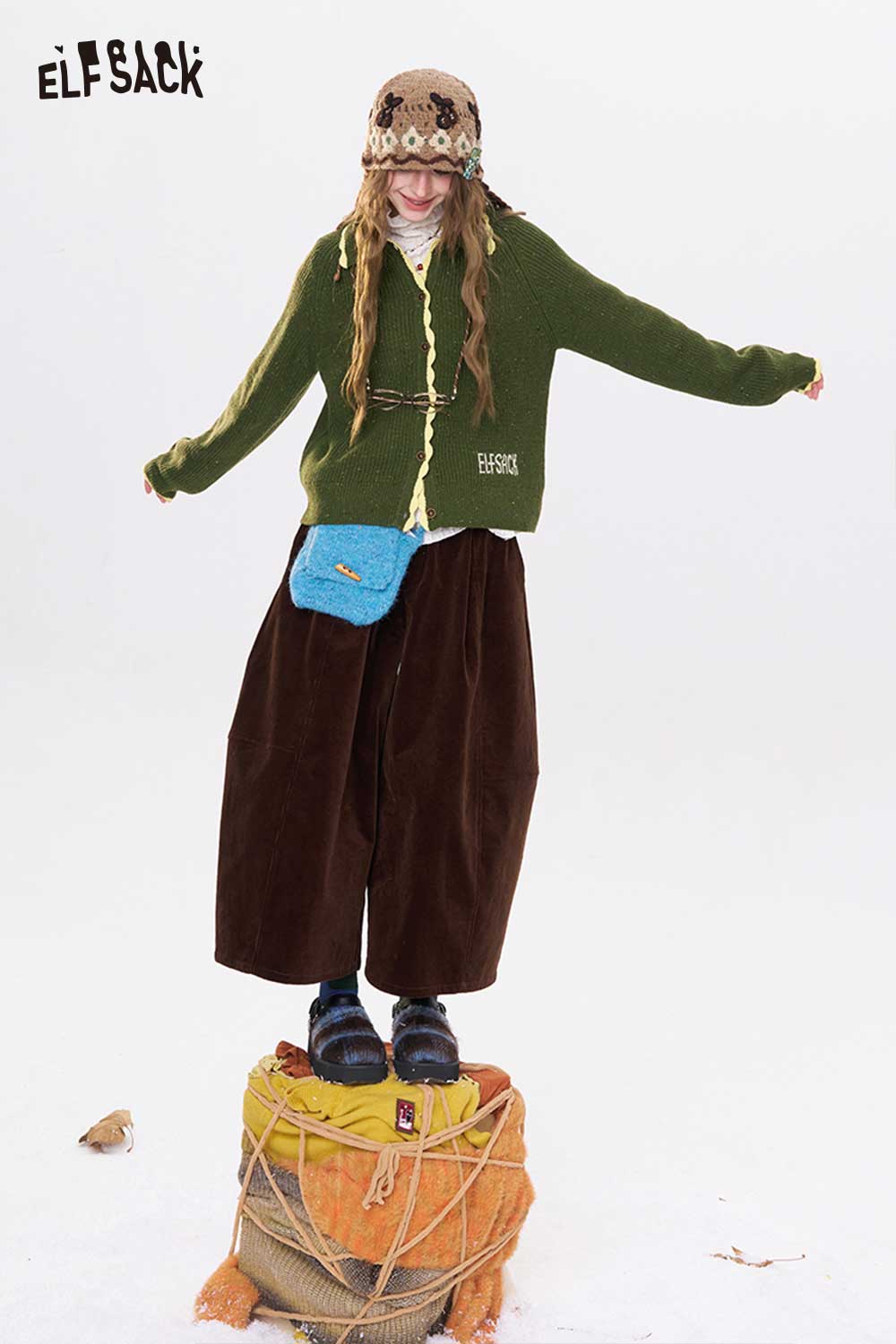 ELFSACK preppy knit cardigan for women in green, styled with wide-leg pants and accessories