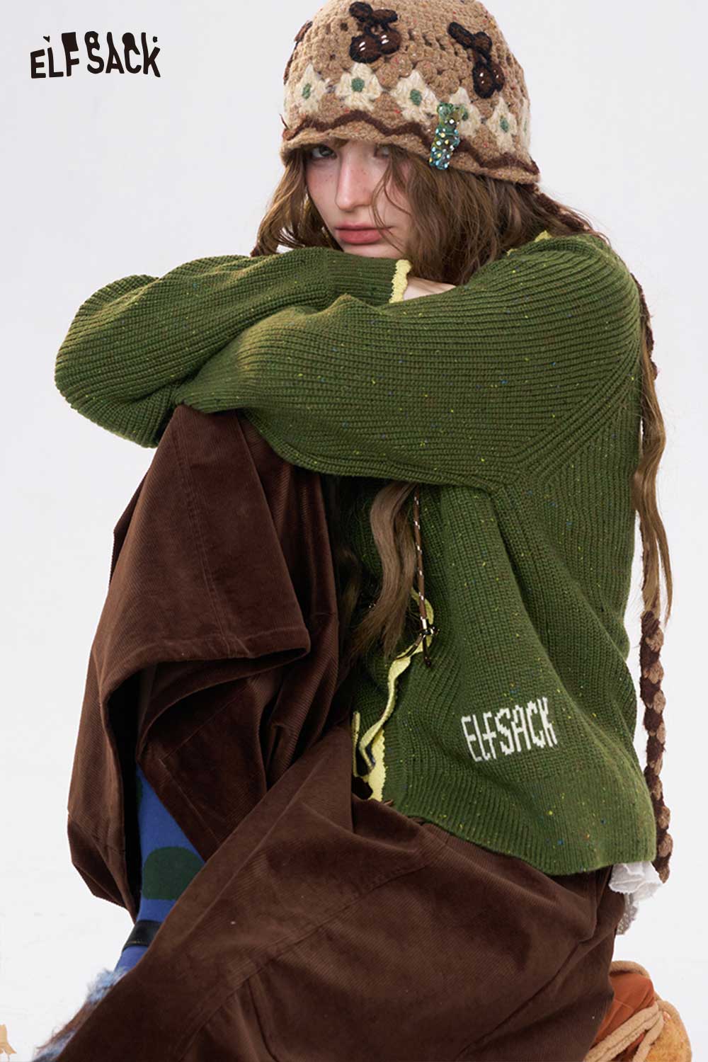 ELFSACK preppy knit cardigan for women in green with ribbed texture and casual fit