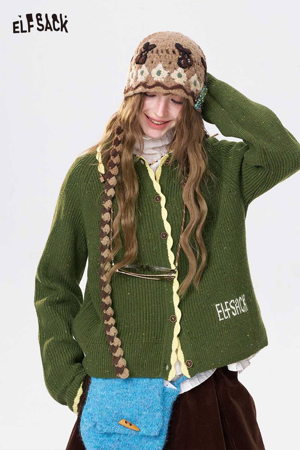 Green ELFSACK preppy knit cardigan for women with buttons and cozy fit for stylish layering