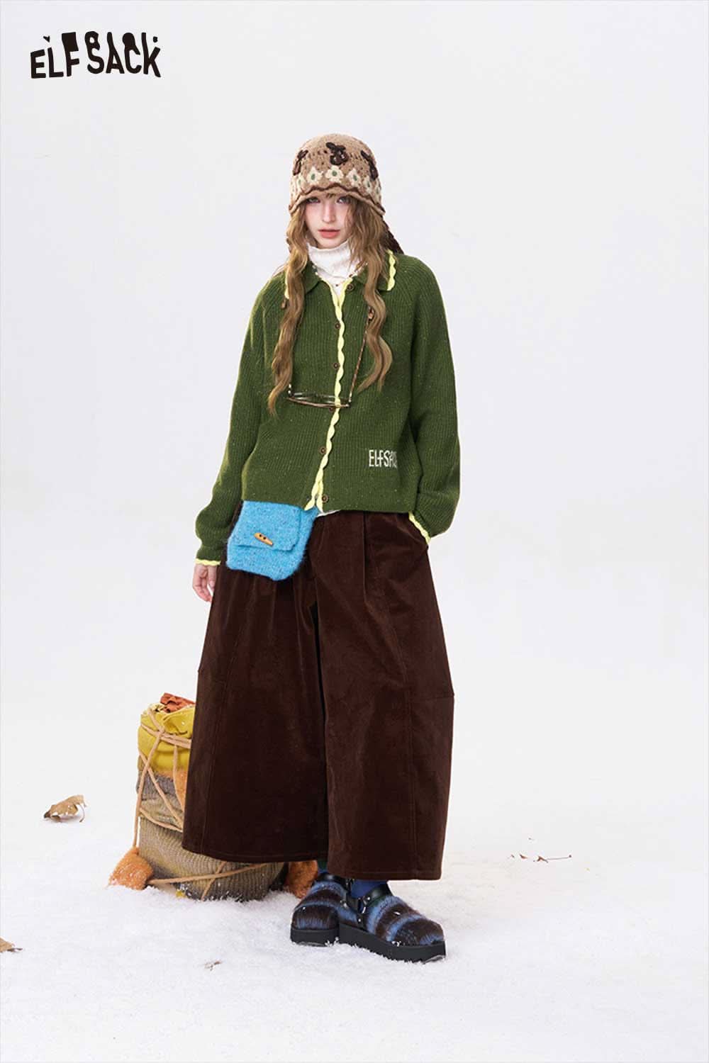 ELFSACK preppy knit cardigan for women in green paired with wide-leg brown pants and stylish accessories