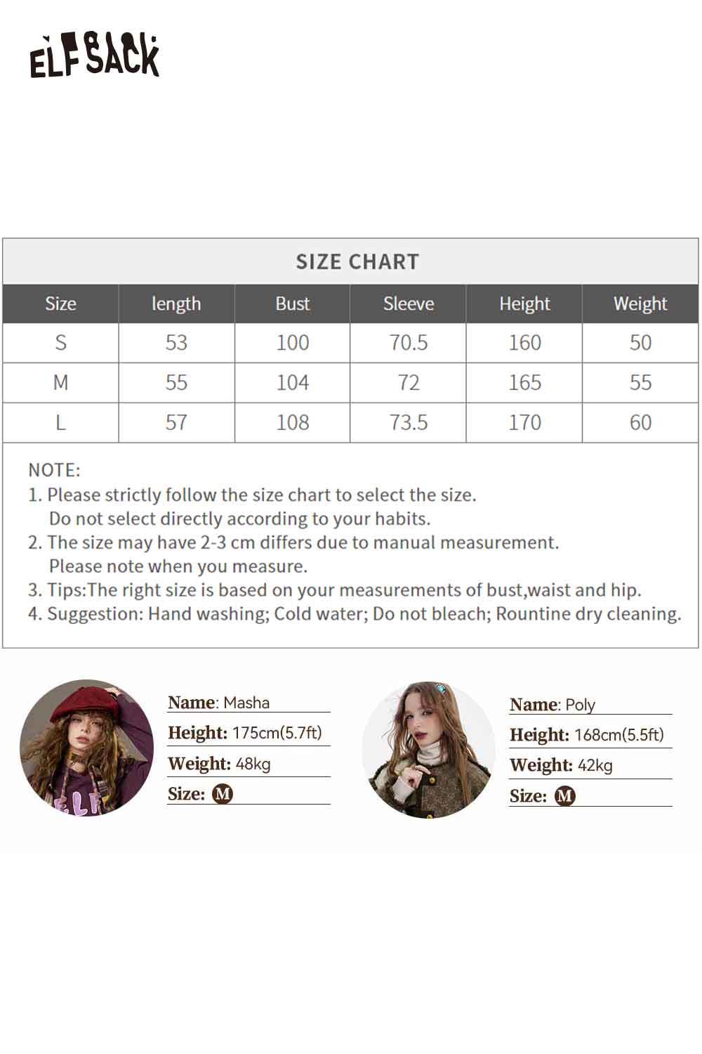 ELFSACK preppy knit cardigan for women in various sizes with a detailed size chart