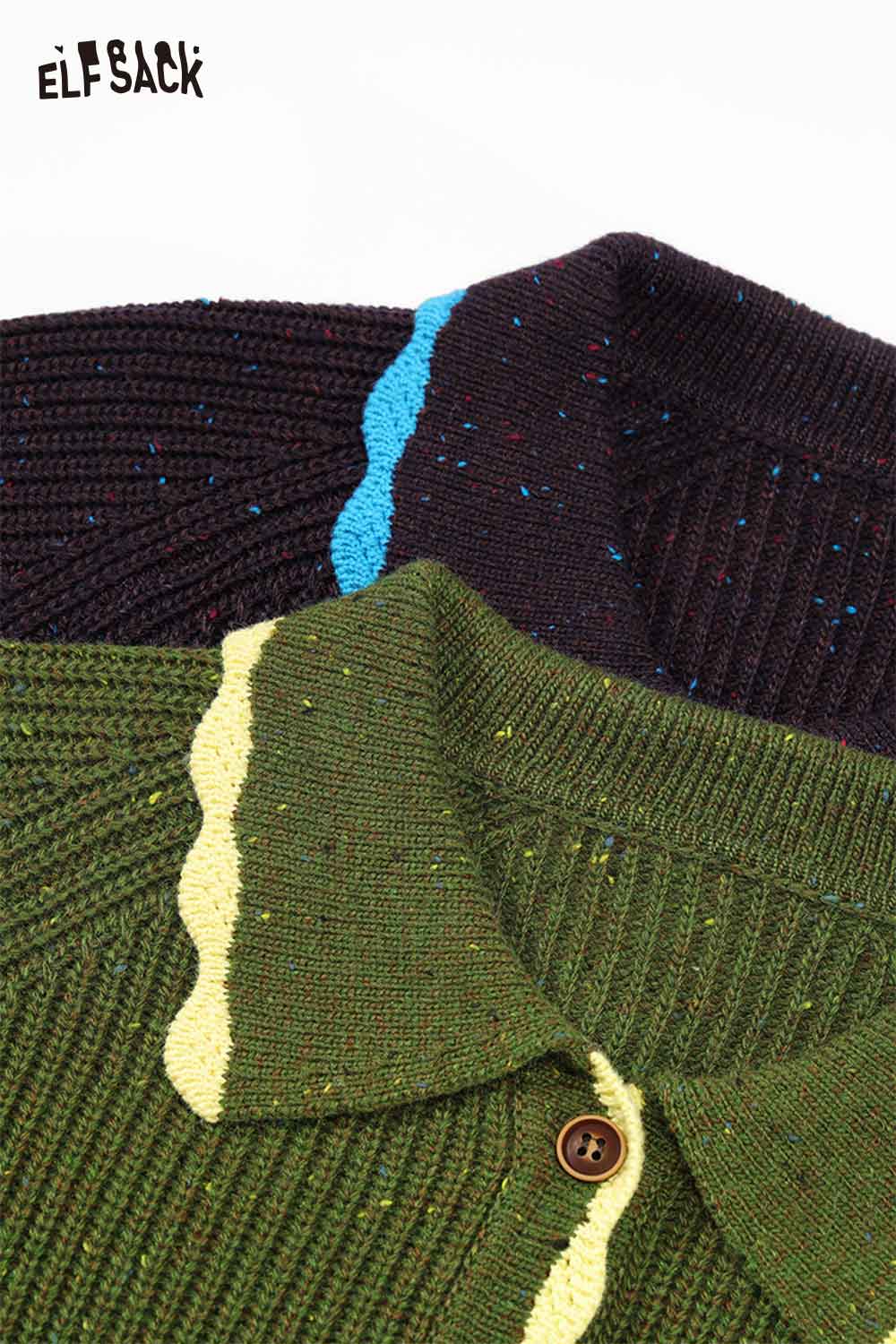 ELFSACK preppy knit cardigan for women in green and black with colorful specks and button details