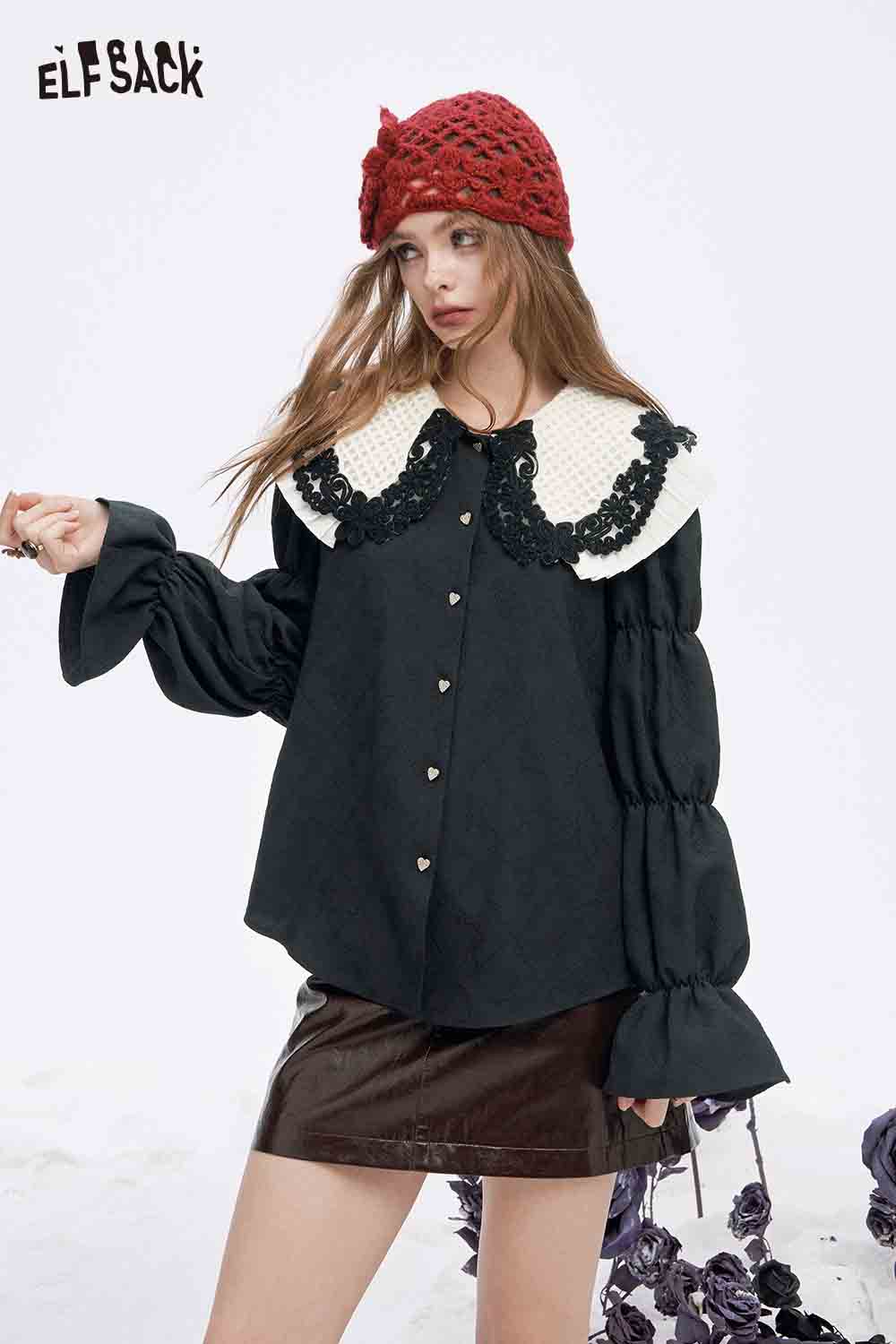 ELFSACK preppy lace collar blouse with puff sleeves and contrasting black design for a stylish look