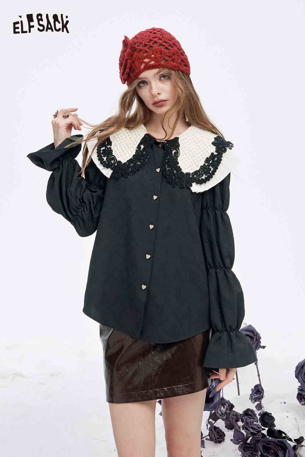 ELFSACK preppy lace collar blouse with puffy sleeves, perfect for stylish casual outfits