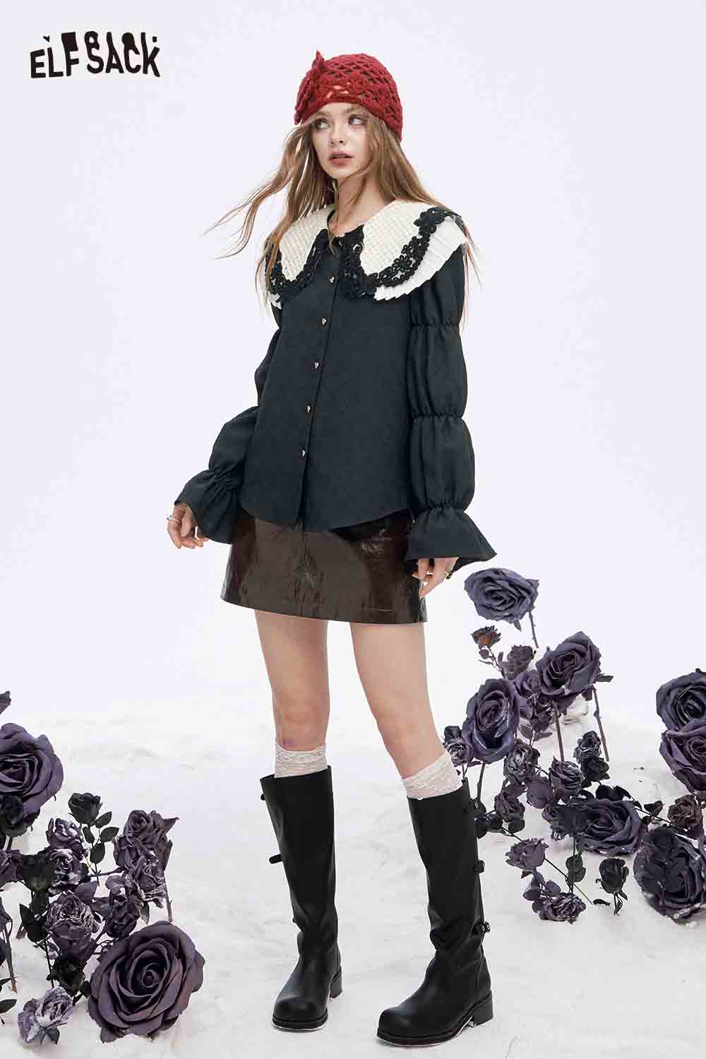 ELFSACK preppy lace collar blouse in dark color, featuring a stylish oversized collar and puffed sleeves
