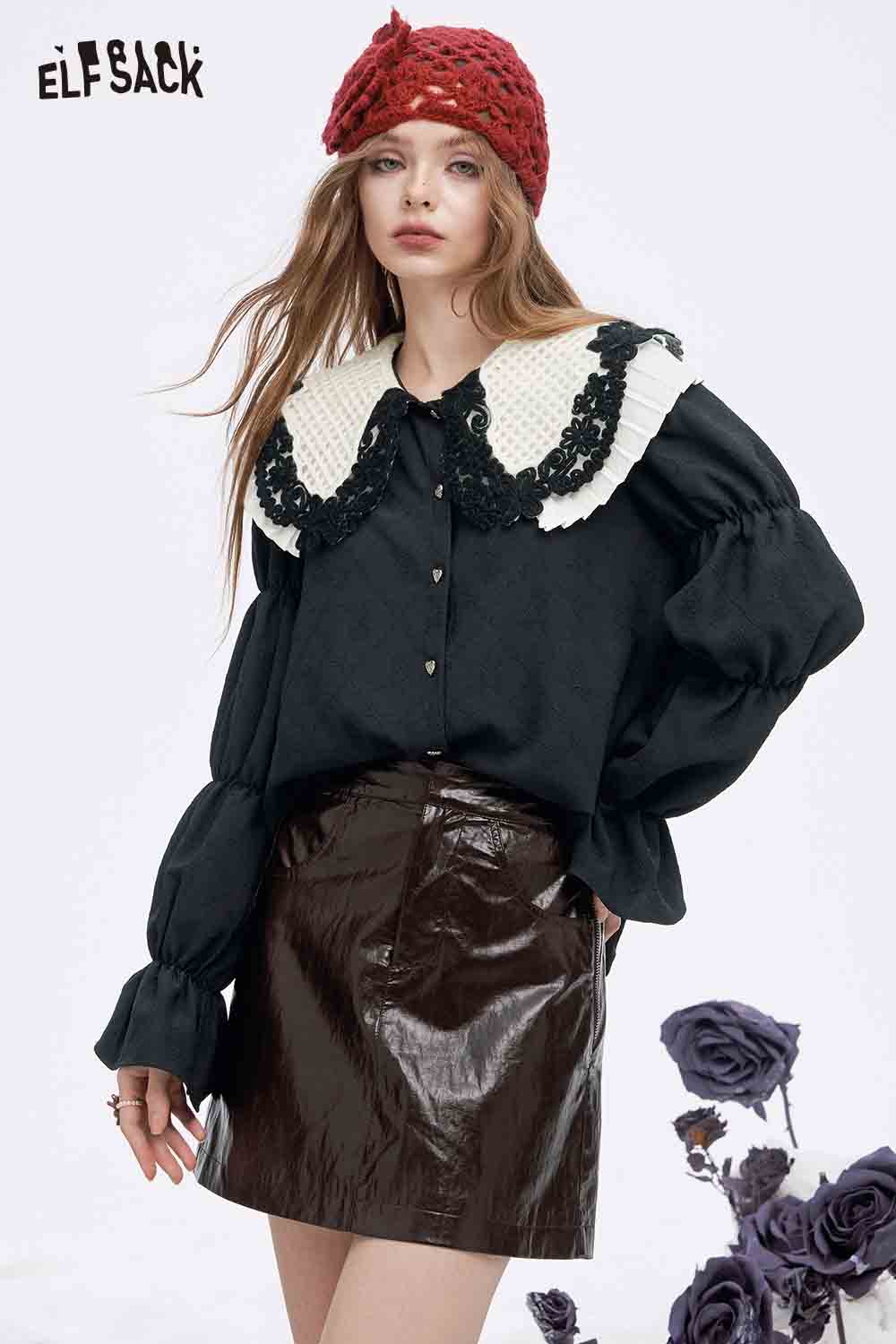 ELFSACK preppy lace collar blouse in black with oversized puff sleeves and stylish button detail