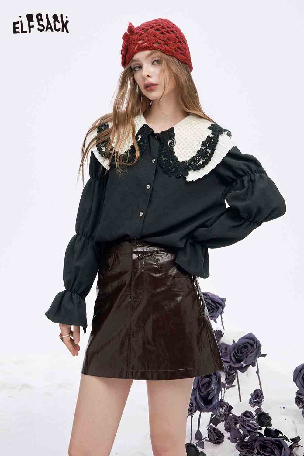 ELFSACK preppy lace collar blouse in black with puffed sleeves and decorative collar