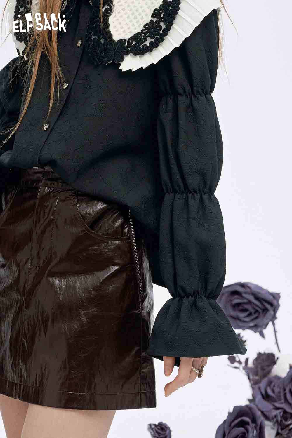 ELFSACK preppy lace collar blouse with puff sleeves and button details for stylish women