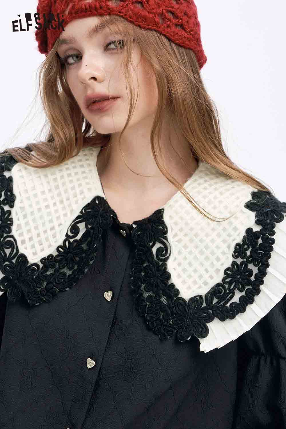 ELFSACK preppy lace collar blouse with intricate black lace detailing and stylish design