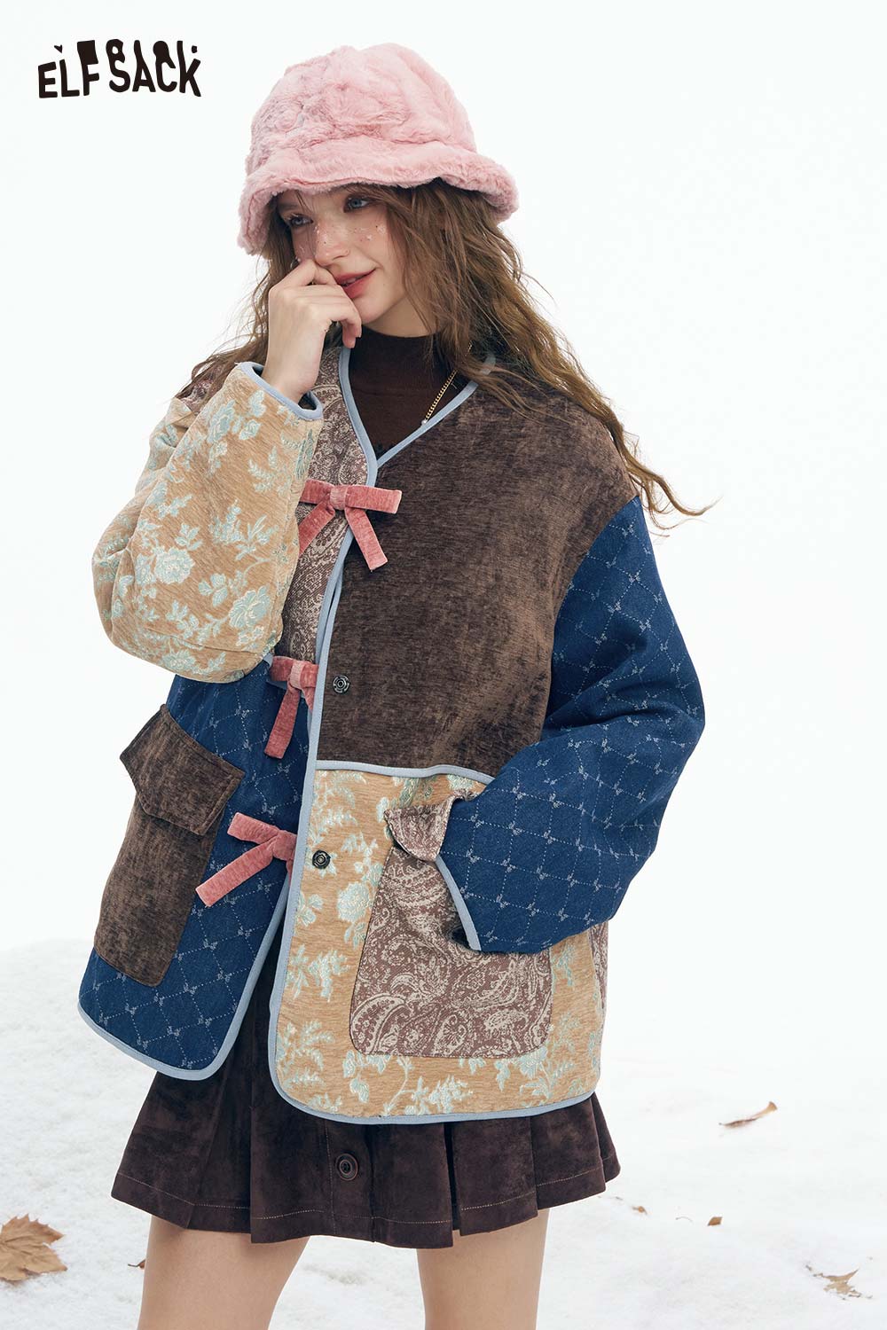 ELFSACK preppy patchwork bow coat featuring unique textures and stylish design for cold weather fashion