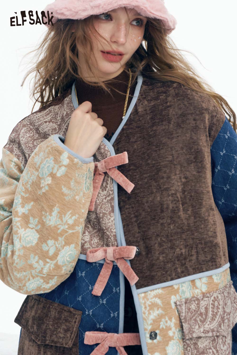 ELFSACK preppy patchwork bow coat featuring colorful floral patterns and a cozy design