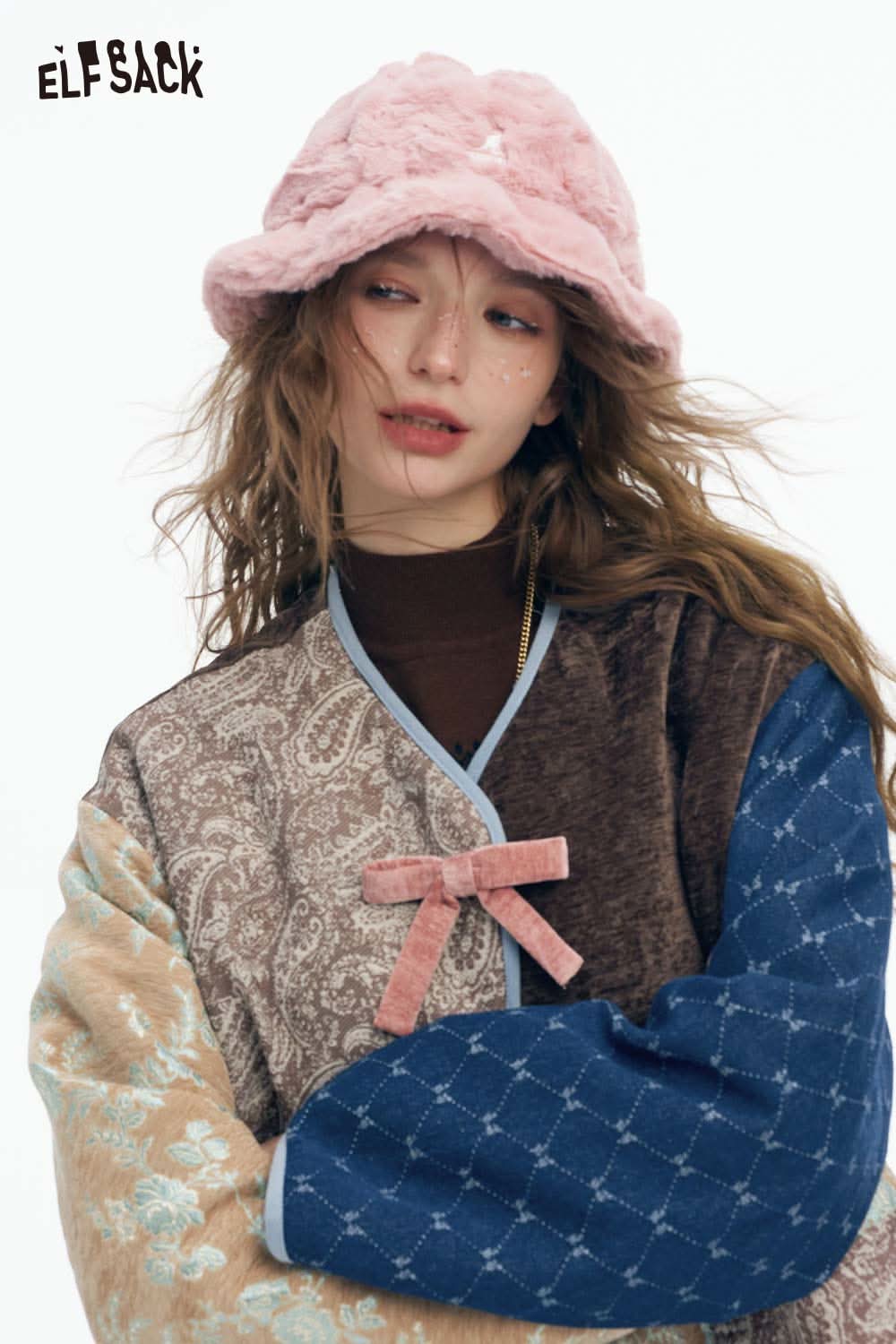 ELFSACK preppy patchwork bow coat featuring a stylish mix of textures and colors with a bow accent