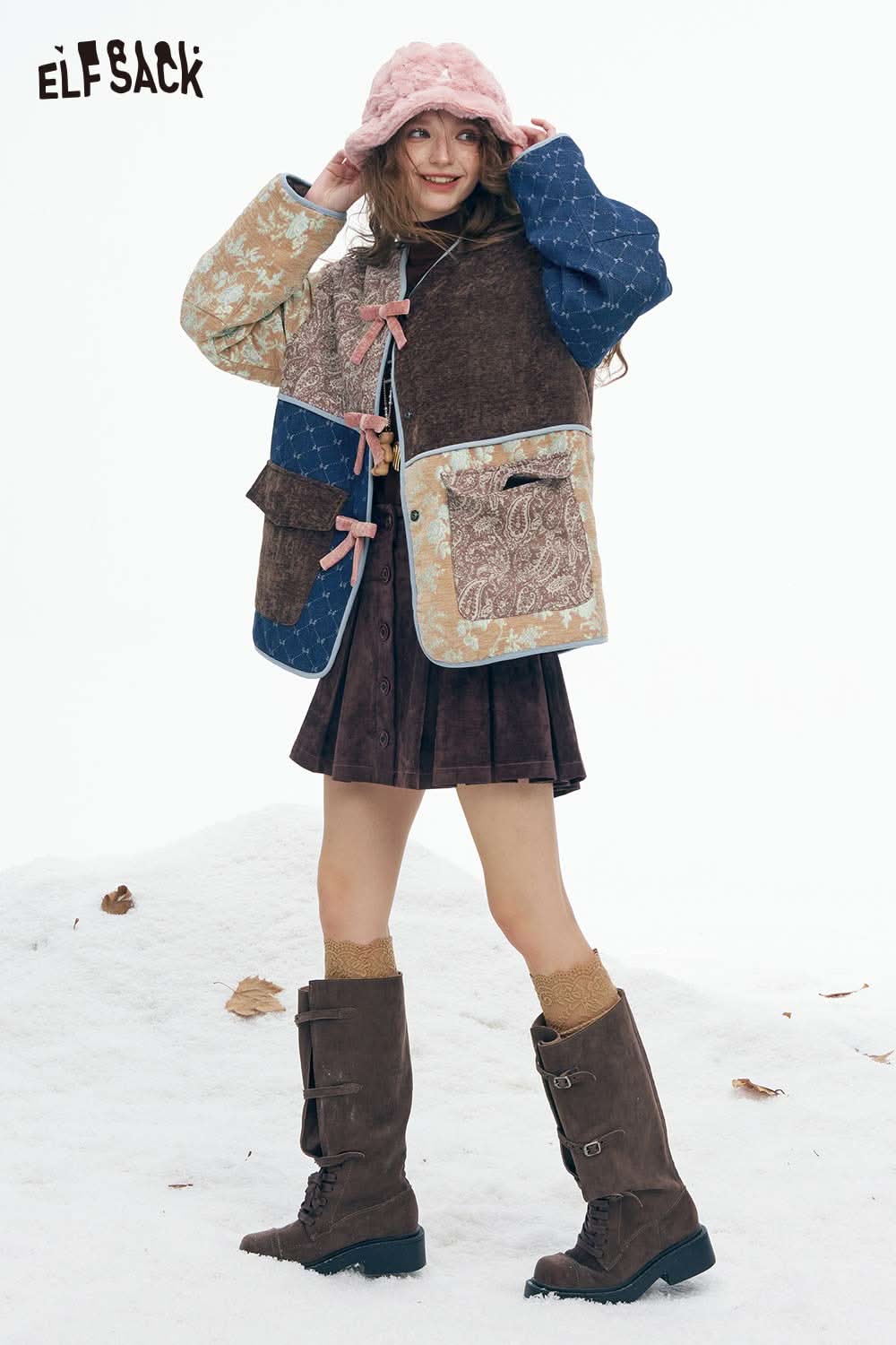 ELFSACK preppy patchwork bow coat featuring a stylish mix of fabrics and colors for a trendy look