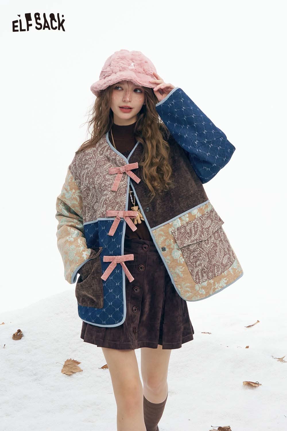 ELFSACK preppy patchwork bow coat featuring unique designs and bow details for a stylish look