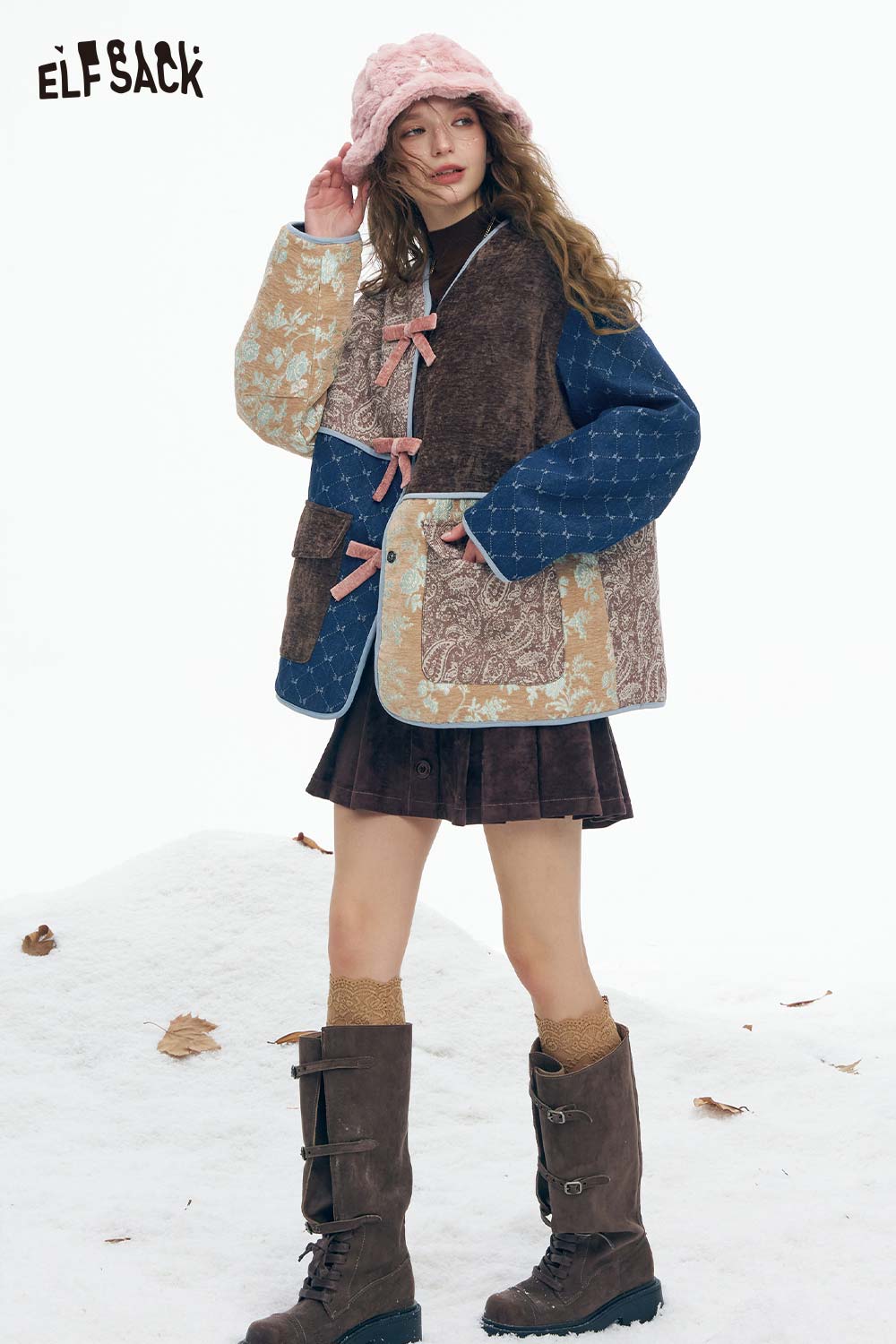 ELFSACK preppy patchwork bow coat featuring a stylish mix of patterns and fabrics for a trendy look