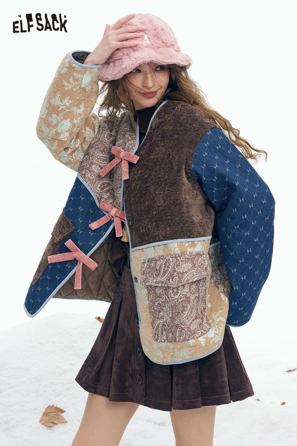 ELFSACK preppy patchwork bow coat with colorful patterns and bows for a stylish winter look