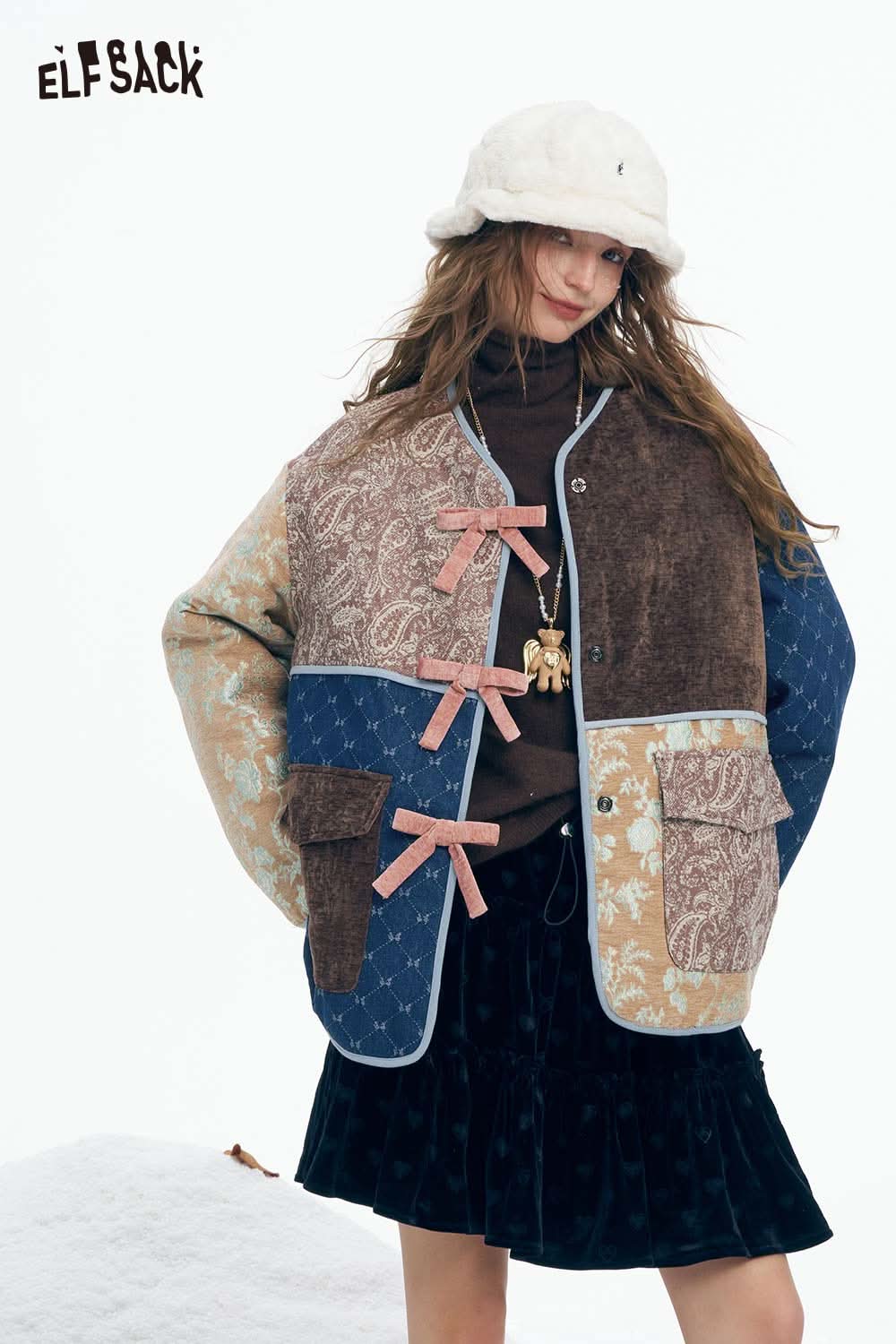 ELFSACK preppy patchwork bow coat featuring stylish patterns and pockets, perfect for winter layering