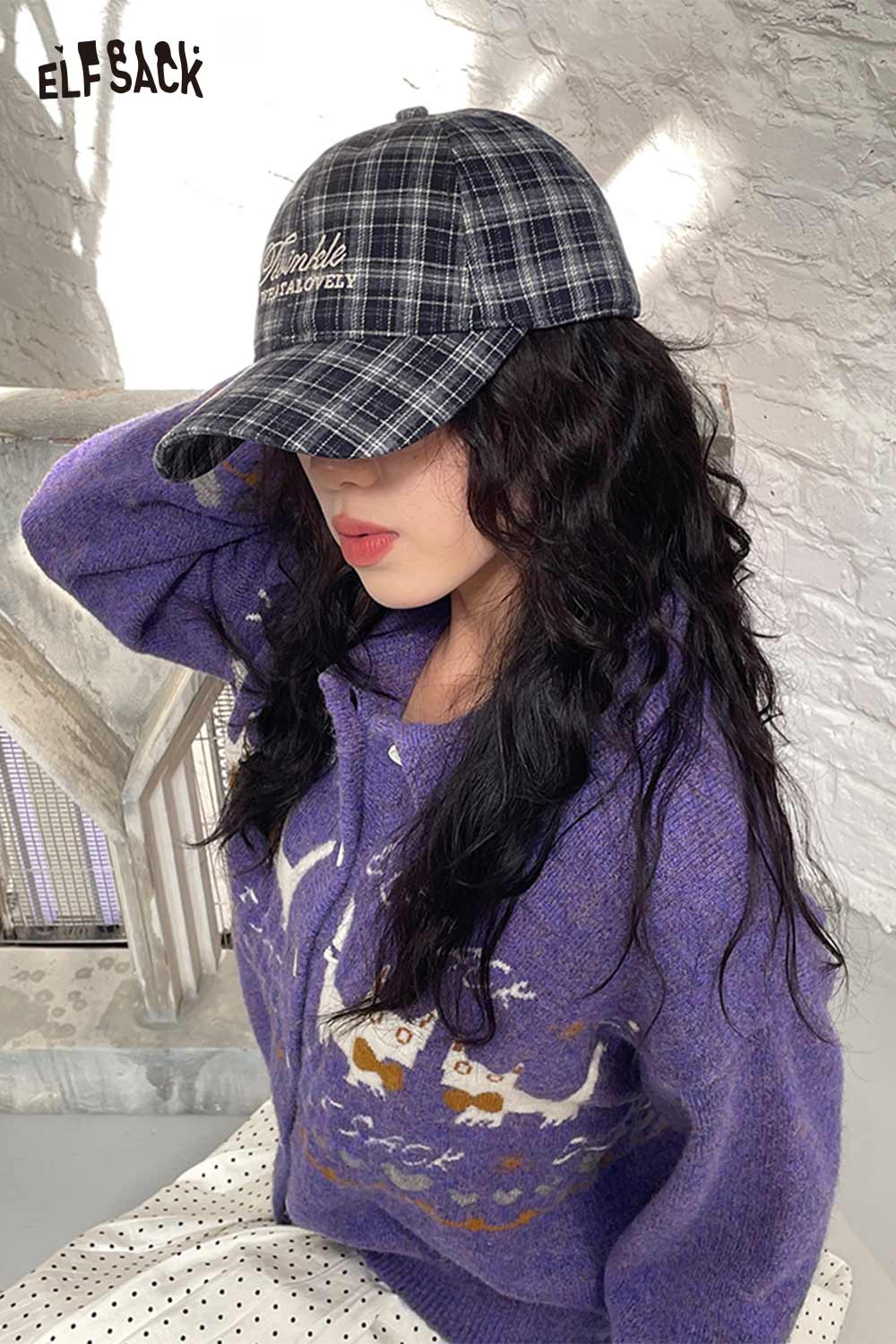 Stylish preppy plaid baseball cap for women paired with a cozy purple sweater