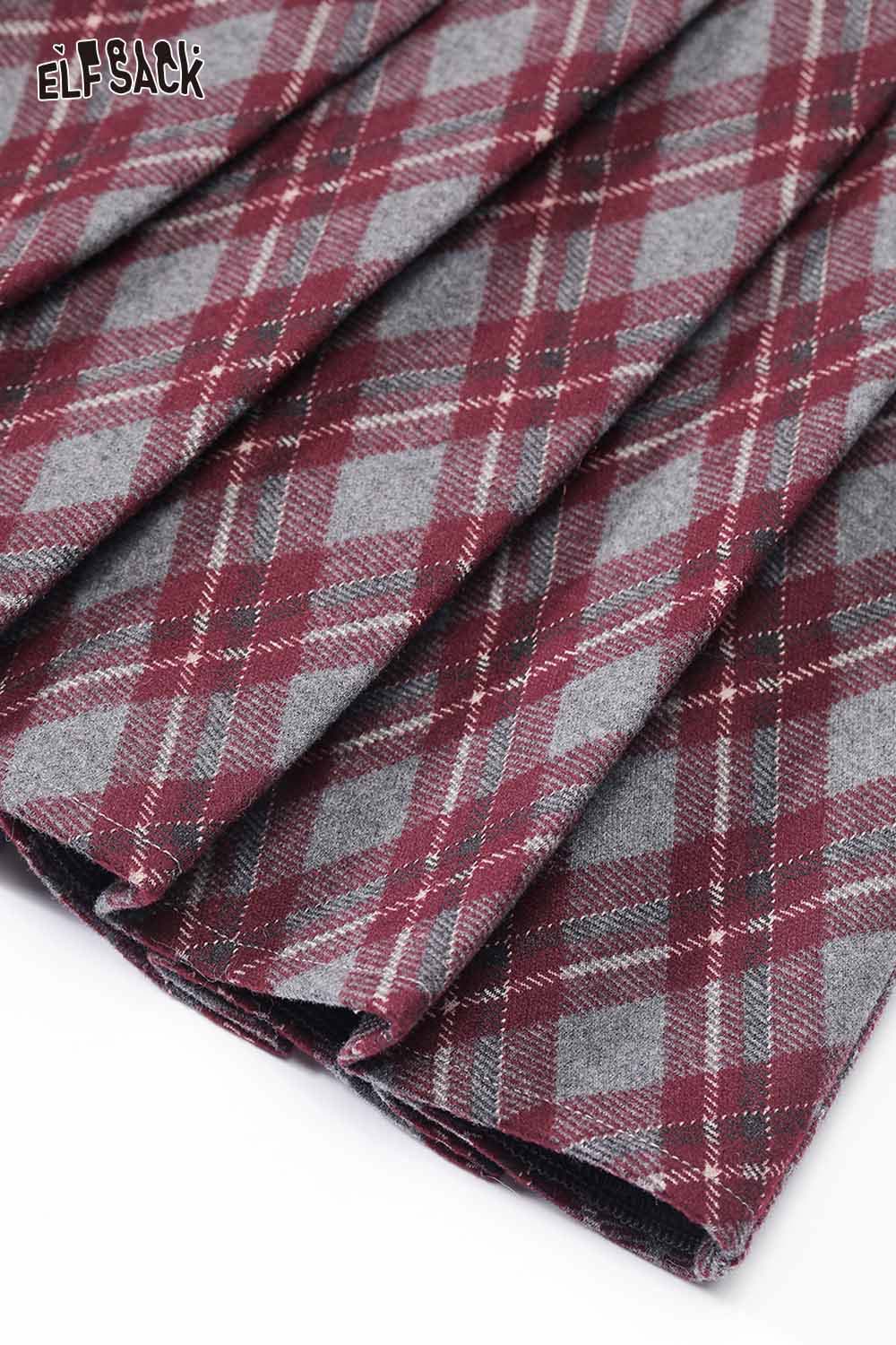 ELFSACK preppy plaid pleated short skirt in burgundy and gray with stylish pleats for a trendy look