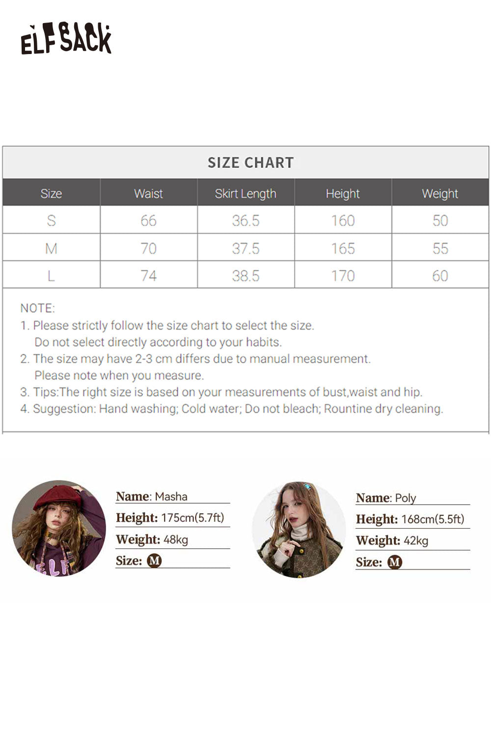 ELFSACK preppy plaid pleated short skirt in various sizes with a detailed size chart