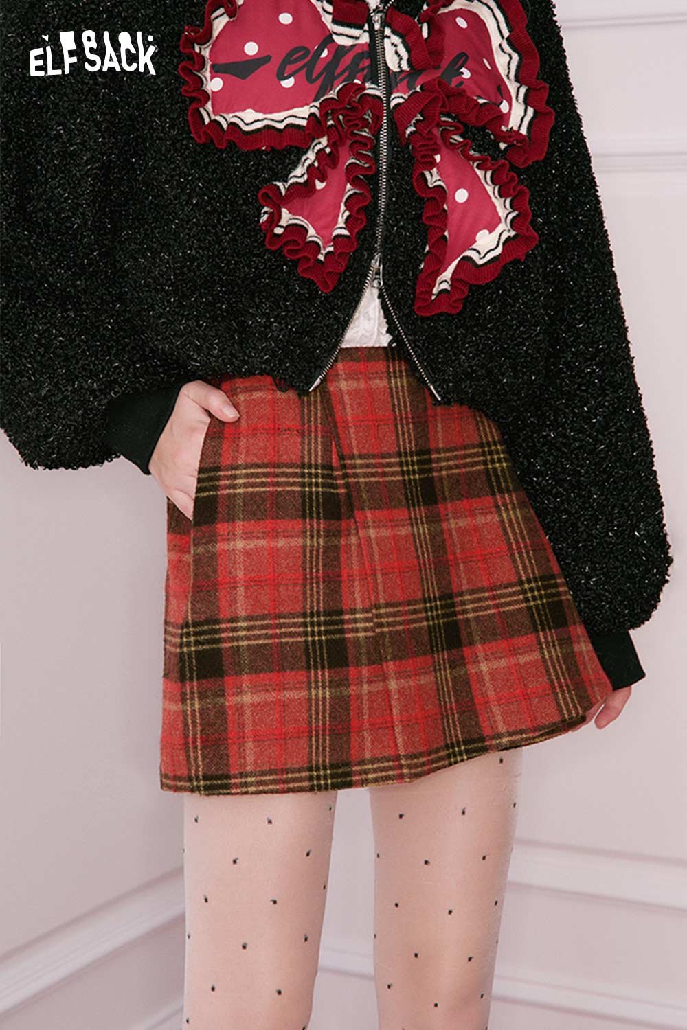 ELFSACK preppy red plaid culottes skirt styled with a black bomber jacket