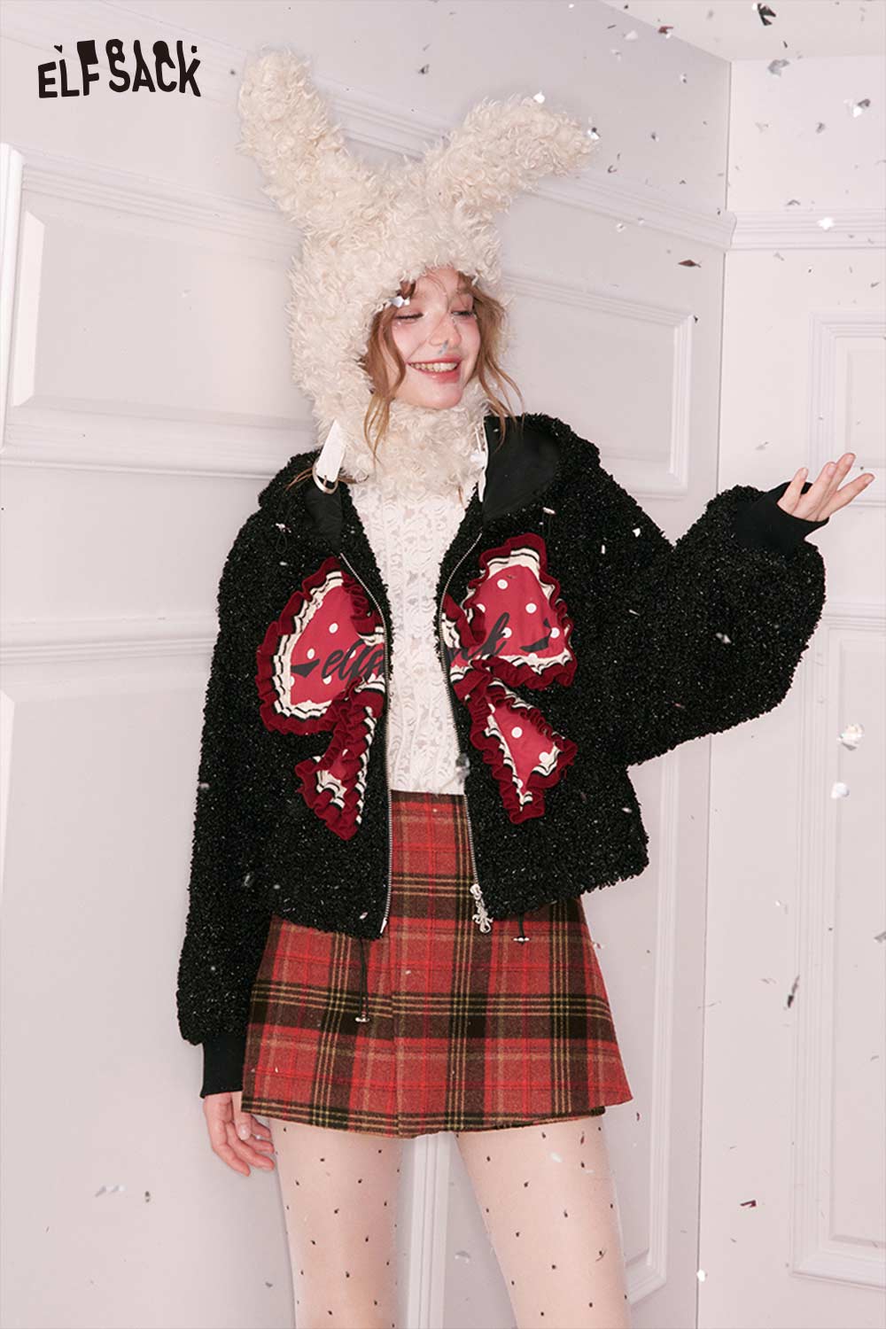 ELFSACK preppy red plaid culottes skirt paired with a cozy black jacket and fluffy bunny hat