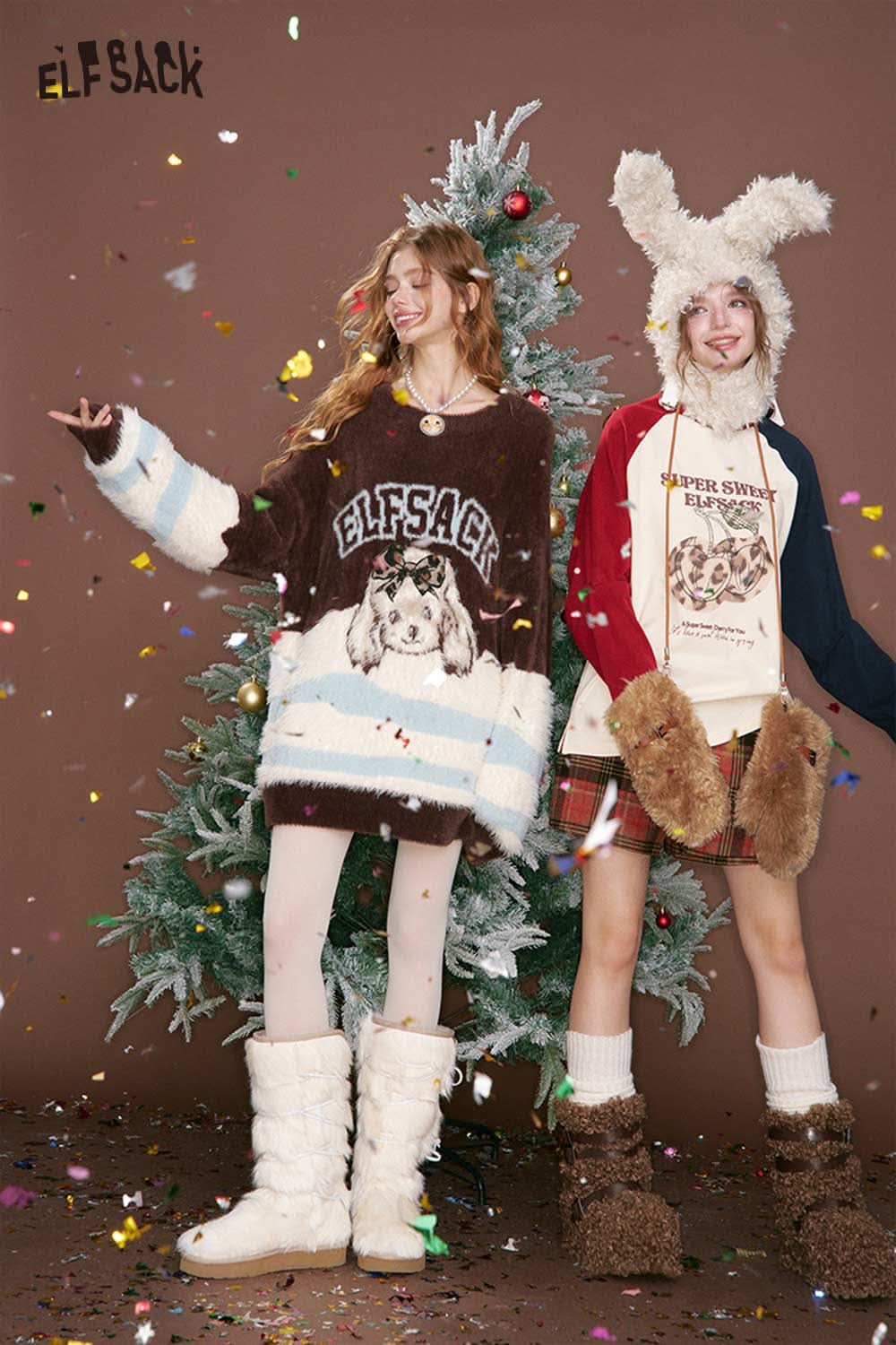 Two models wearing festive outfits next to a Christmas tree, featuring a preppy red plaid culottes skirt
