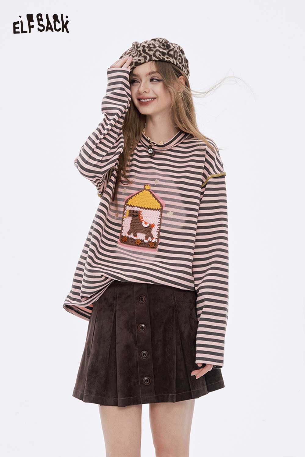 ELFSACK preppy striped graphic t-shirt for women featuring a colorful design and relaxed fit