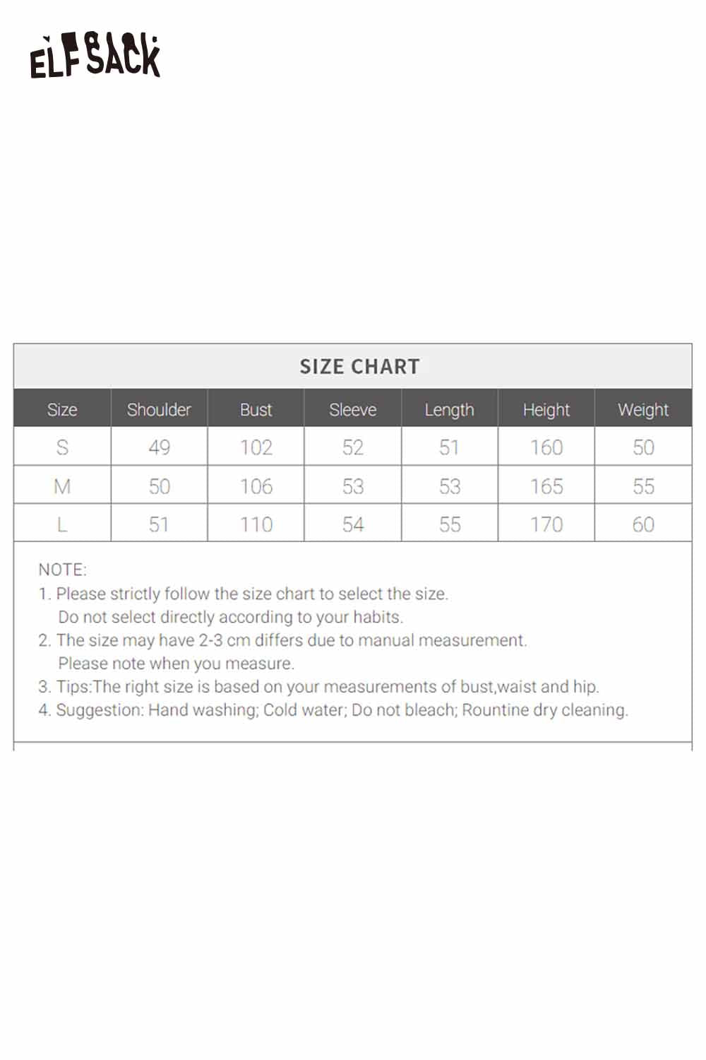 ELFSACK preppy striped polo sweater size chart detailing measurements for optimal fit
