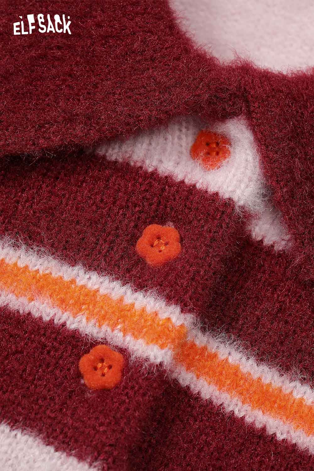 ELFSACK preppy striped polo sweater in burgundy with flower buttons and soft knit design