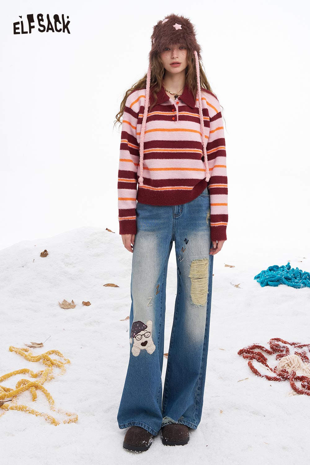 ELFSACK preppy striped polo sweater in pink and maroon, styled with wide-leg jeans and winter accessories