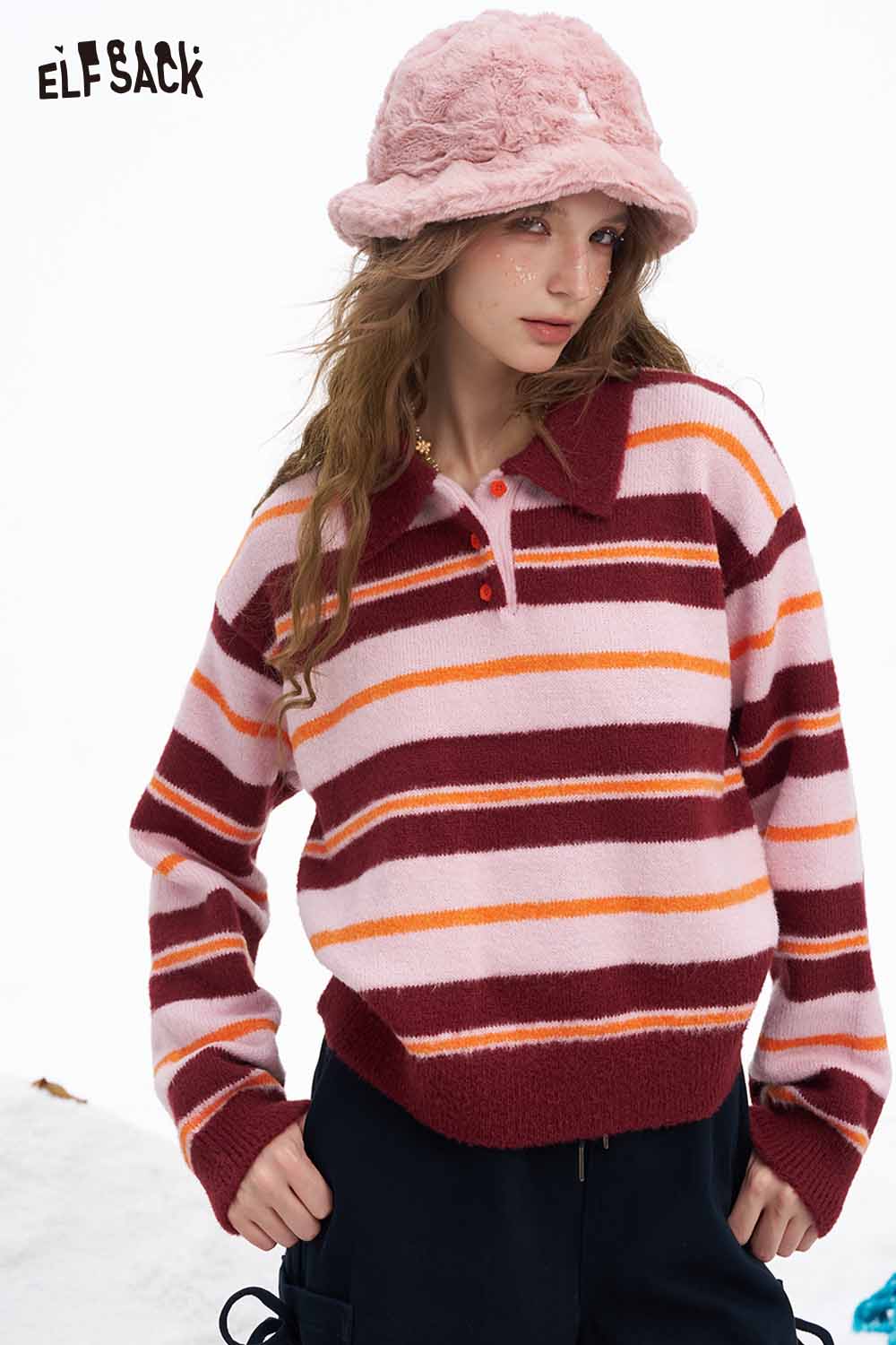ELFSACK preppy striped polo sweater in pink and burgundy with a cozy fit and button details