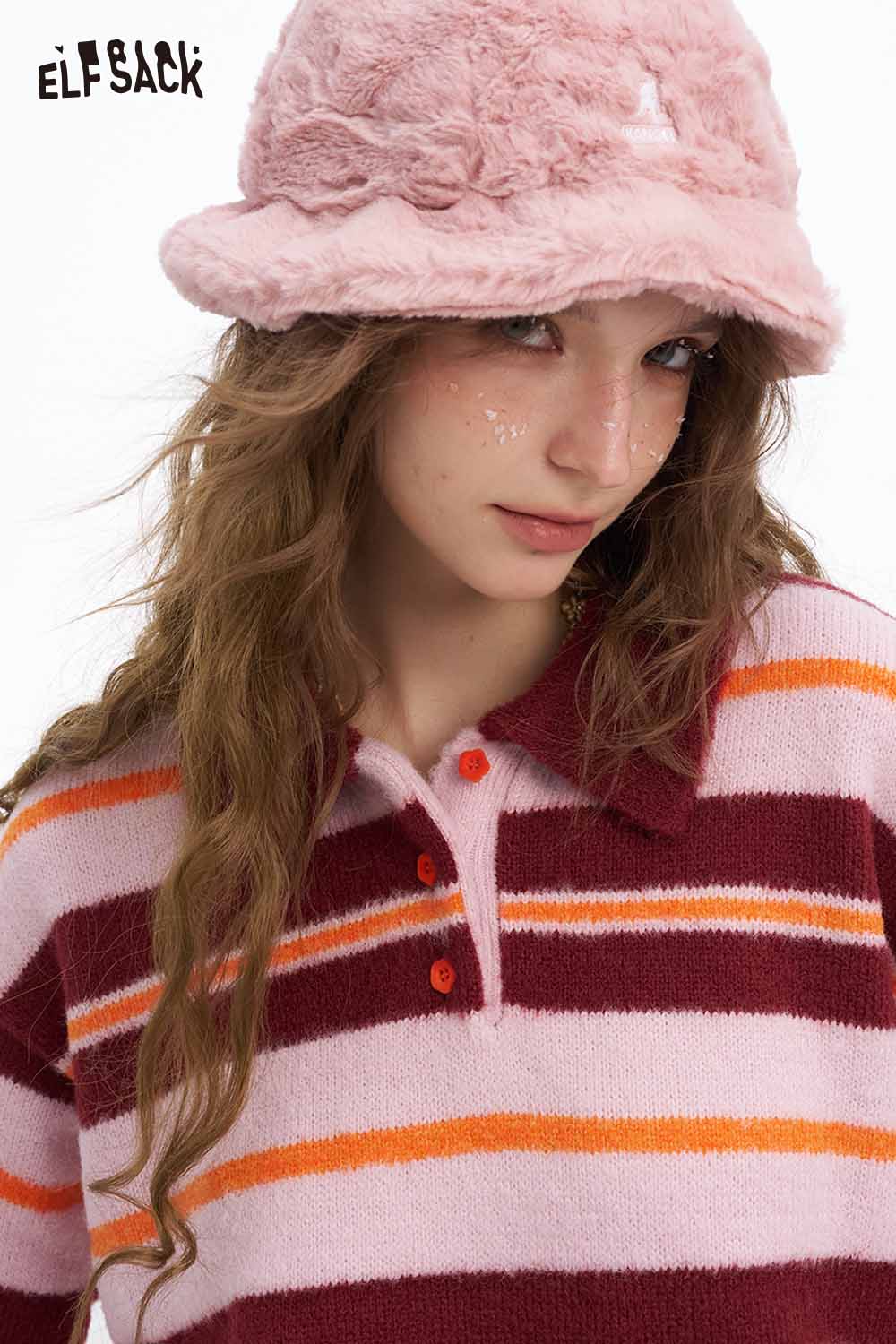 ELFSACK preppy striped polo sweater in pink and burgundy colors for a trendy casual look