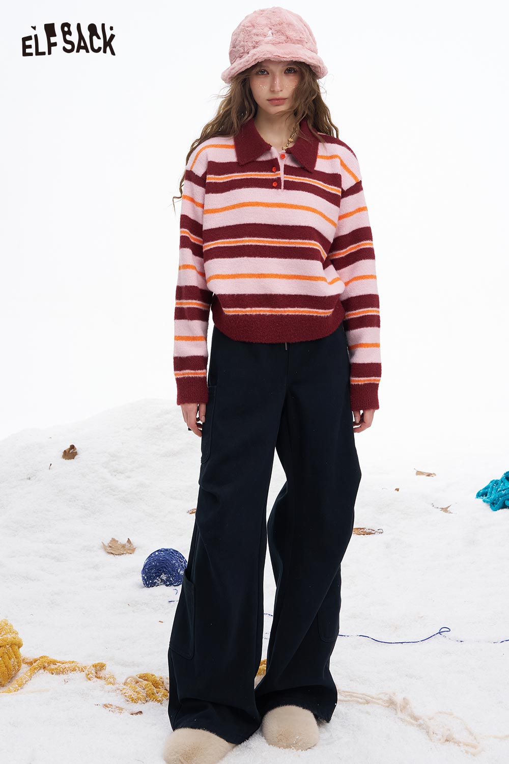 ELFSACK preppy striped polo sweater in pink and red with a classic collar, paired with wide-leg pants