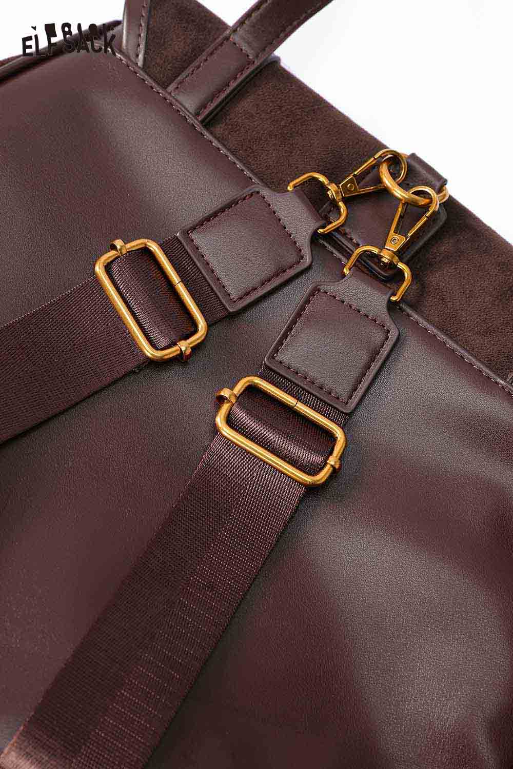 Detail view of ELFSACK preppy suede backpack for women showing adjustable straps and gold-tone hardware