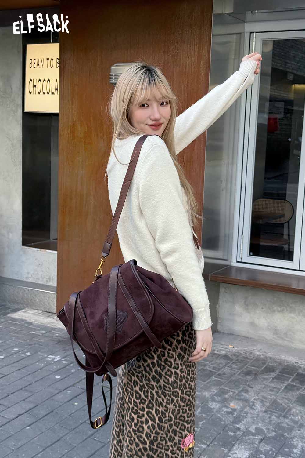 ELFSACK preppy suede backpack for women in dark brown, stylish and functional for daily use