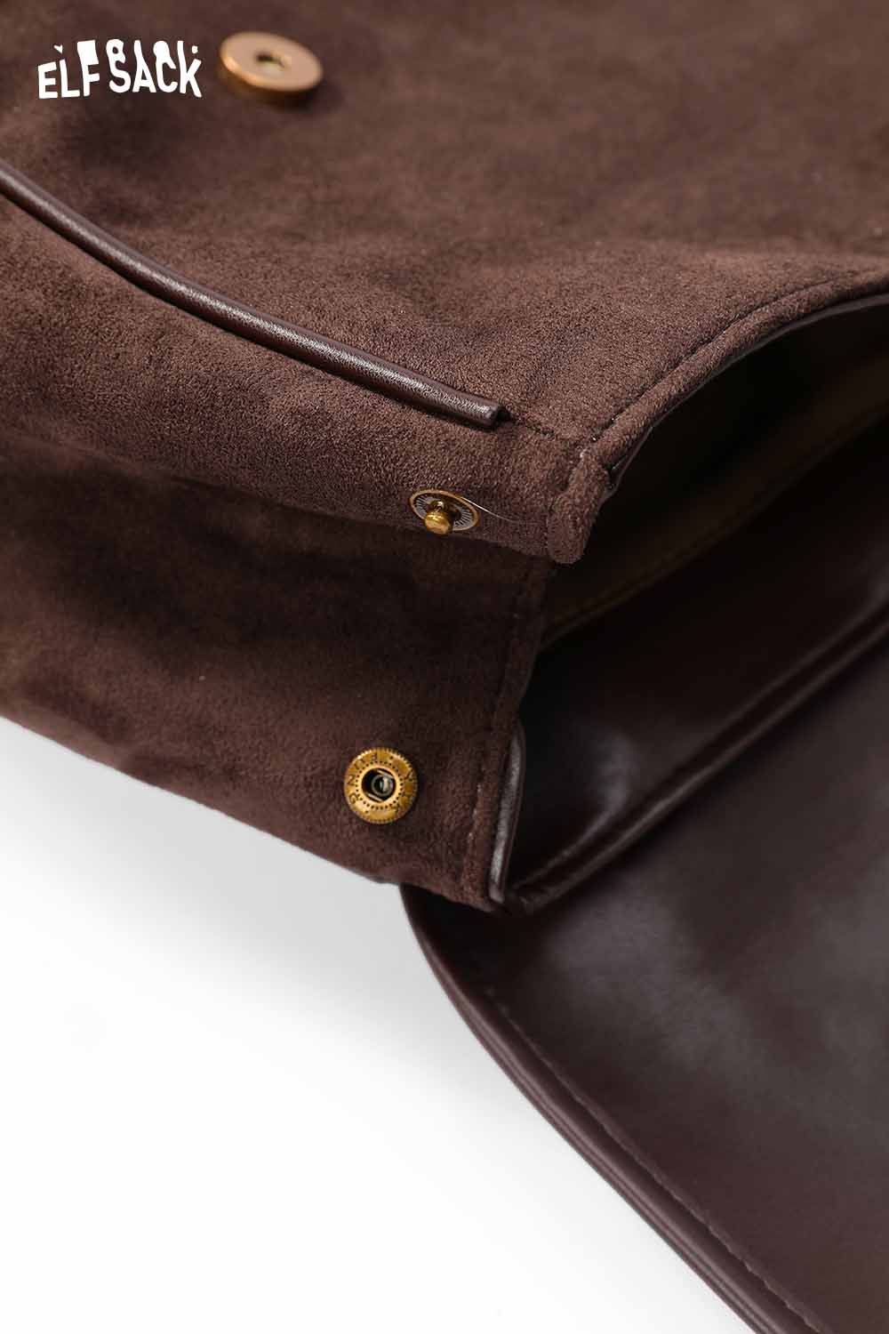 Close-up of ELFSACK preppy suede backpack for women featuring a soft brown texture and stylish button closure