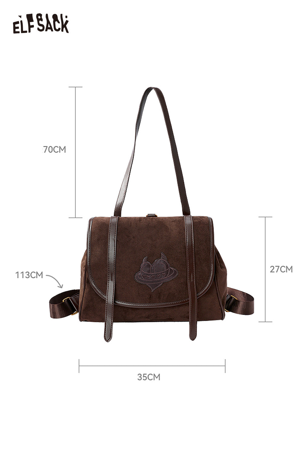 ELFSACK preppy suede backpack for women in brown with adjustable straps and stylish design