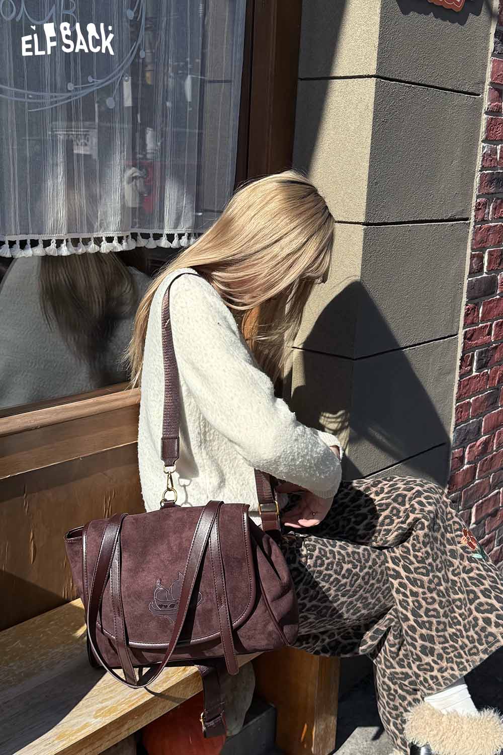 ELFSACK preppy suede backpack for women in brown, stylish design for casual outings