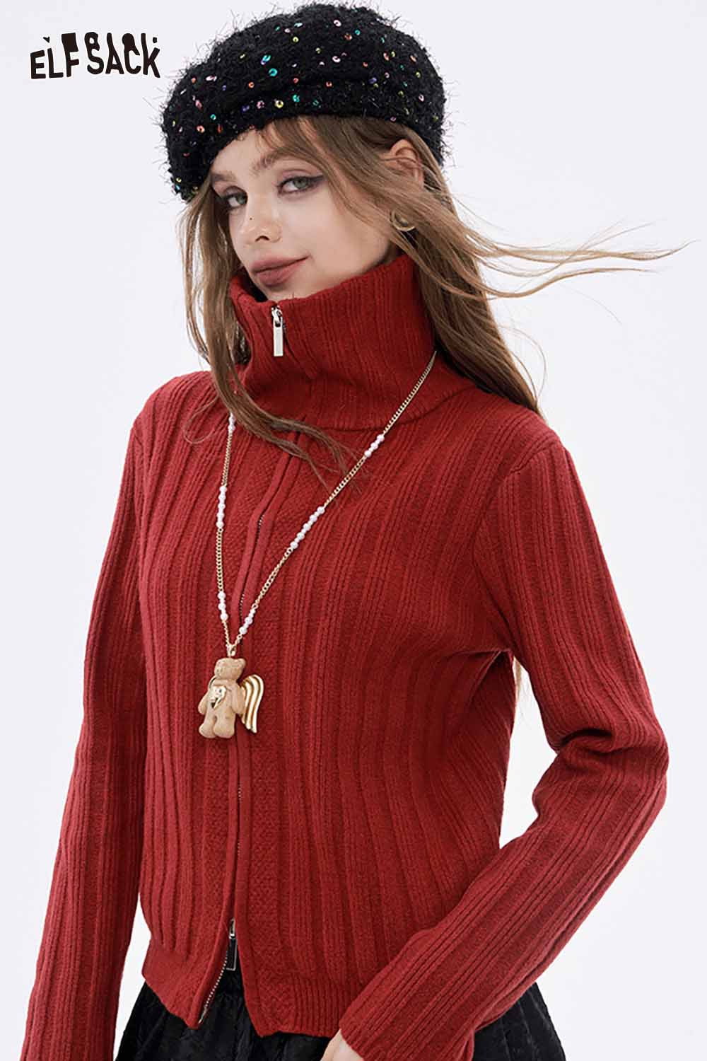 ELFSACK preppy zip up ribbed sweater in red with high collar and stylish design for trendy looks