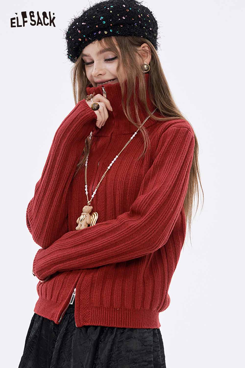 ELFSACK preppy zip up ribbed sweater in red with high neck and stylish design for a casual look