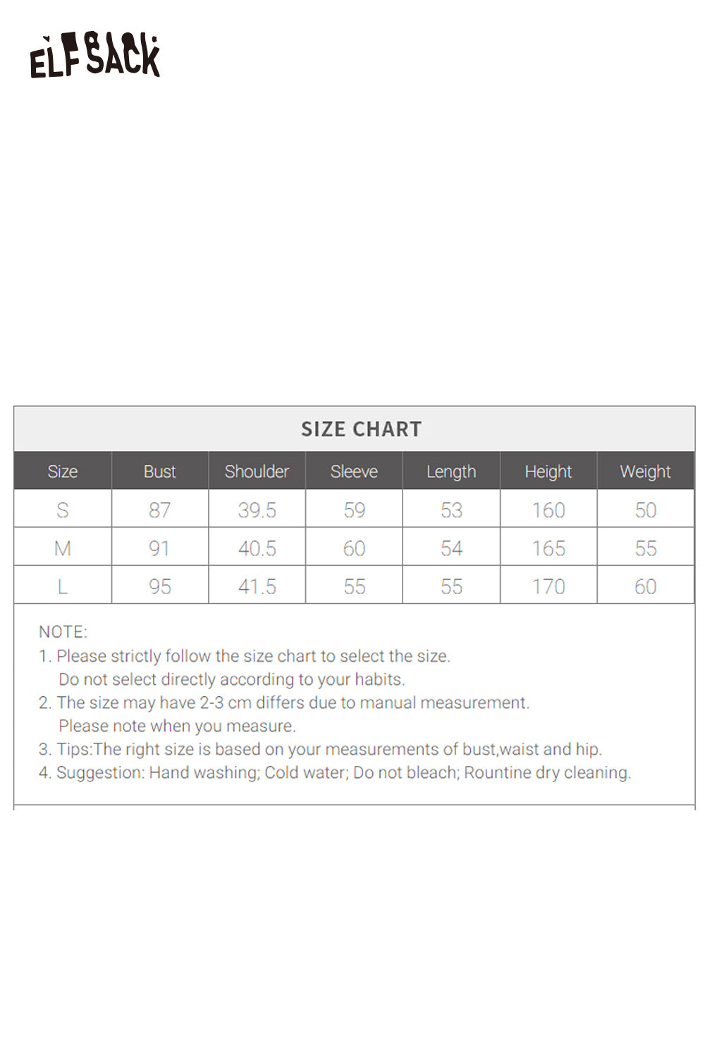 ELFSACK preppy zip up ribbed sweater in various sizes with detailed size chart information