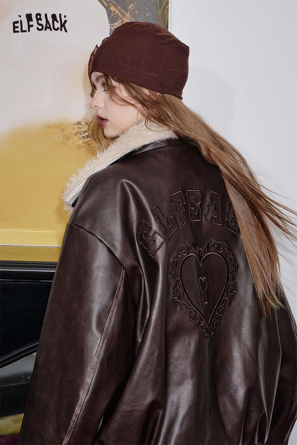 ELFSACK PU leather biker jacket for women with a cozy shearling collar and decorative back design